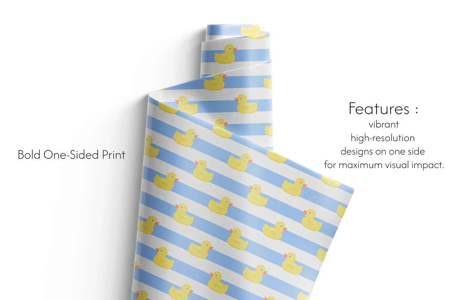 Roll of paper with blue and white striped pattern and yellow rubber duck design on a white background.