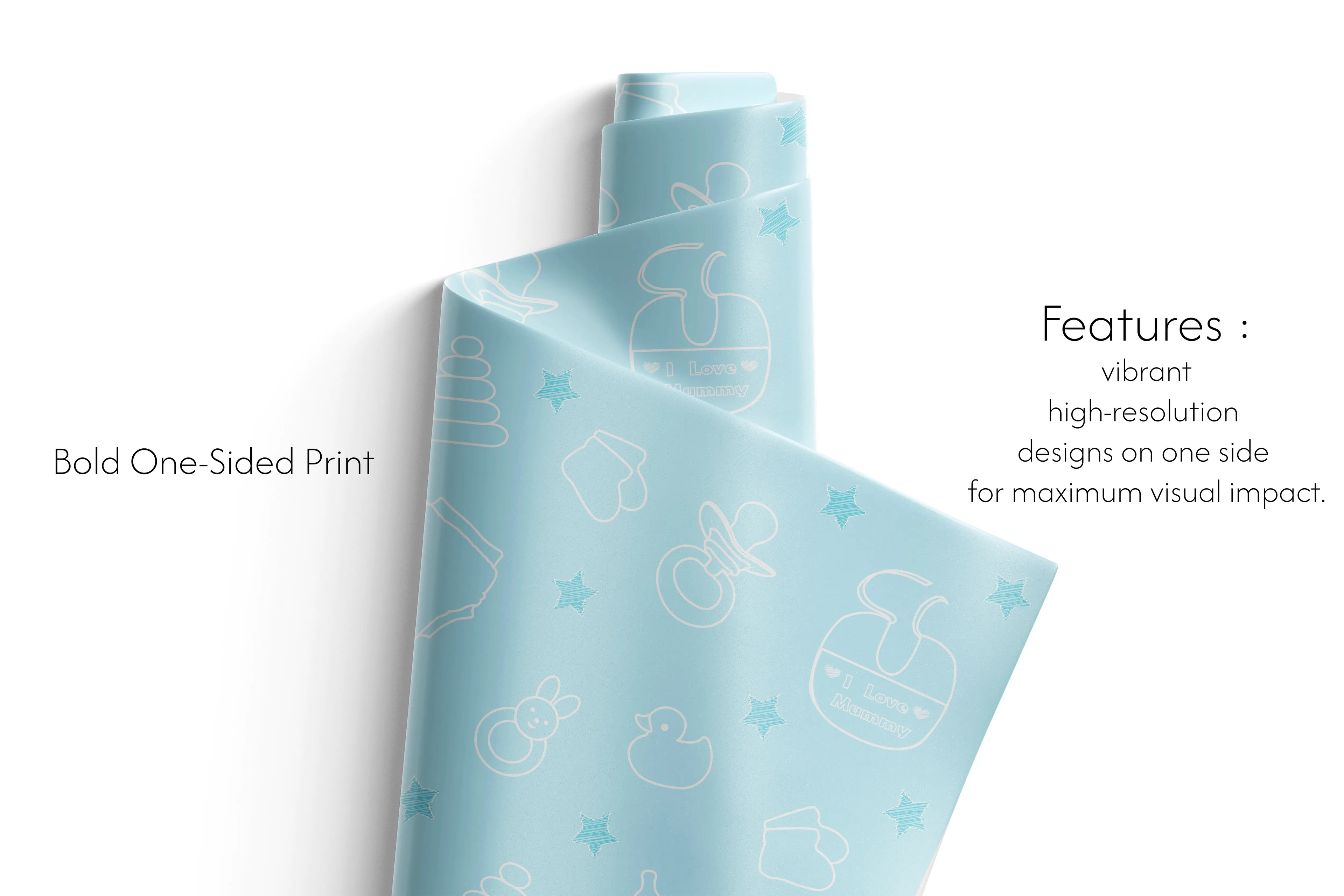 Haus of Wraps light blue nursery gift wrap with white baby and star motifs, perfect for birthdays, showers, and holidays.