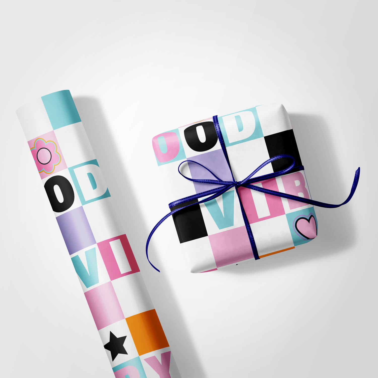 Colorful gift wrap with text and patterns on a white background