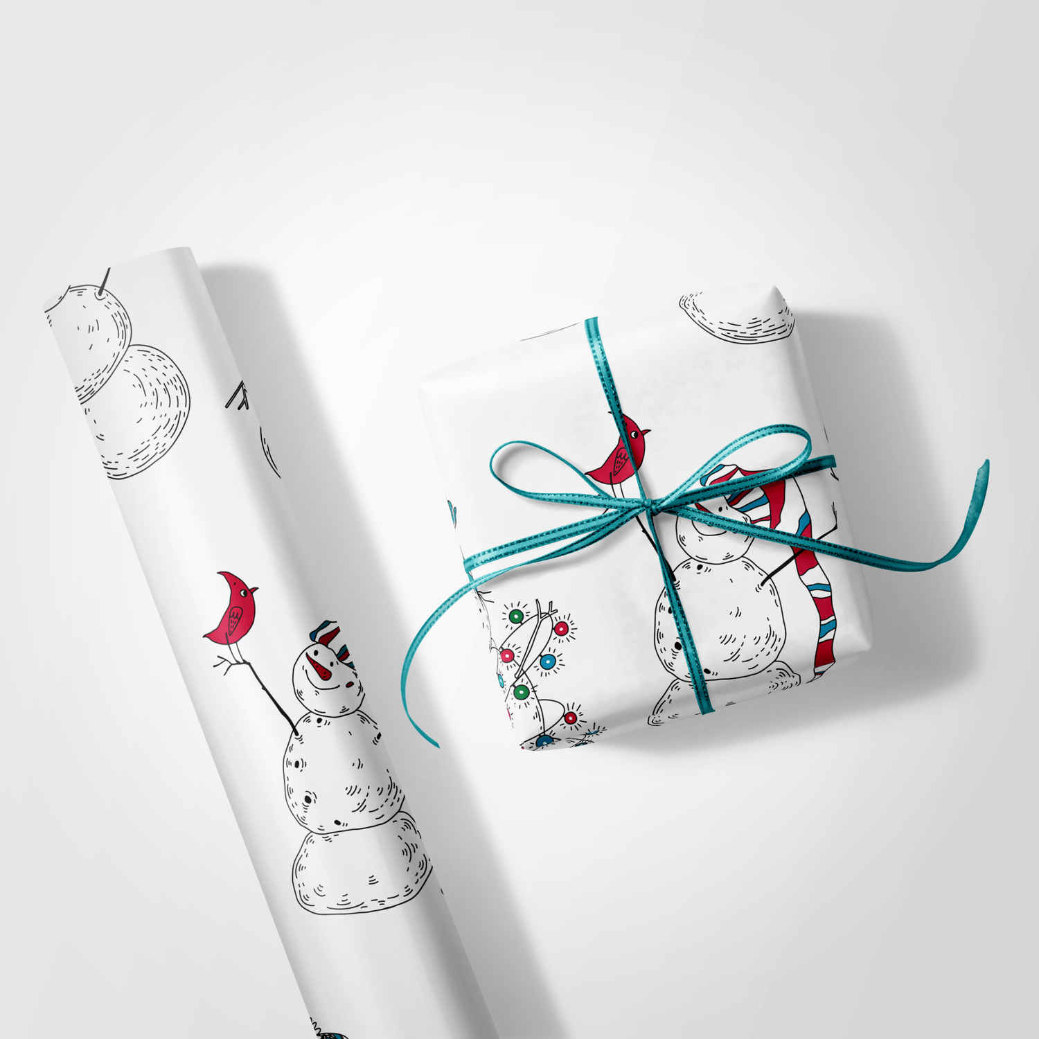 White Christmas wrapping paper with a dense, scattered pattern of hand-drawn snowmen accented with small touches of red and blue color.