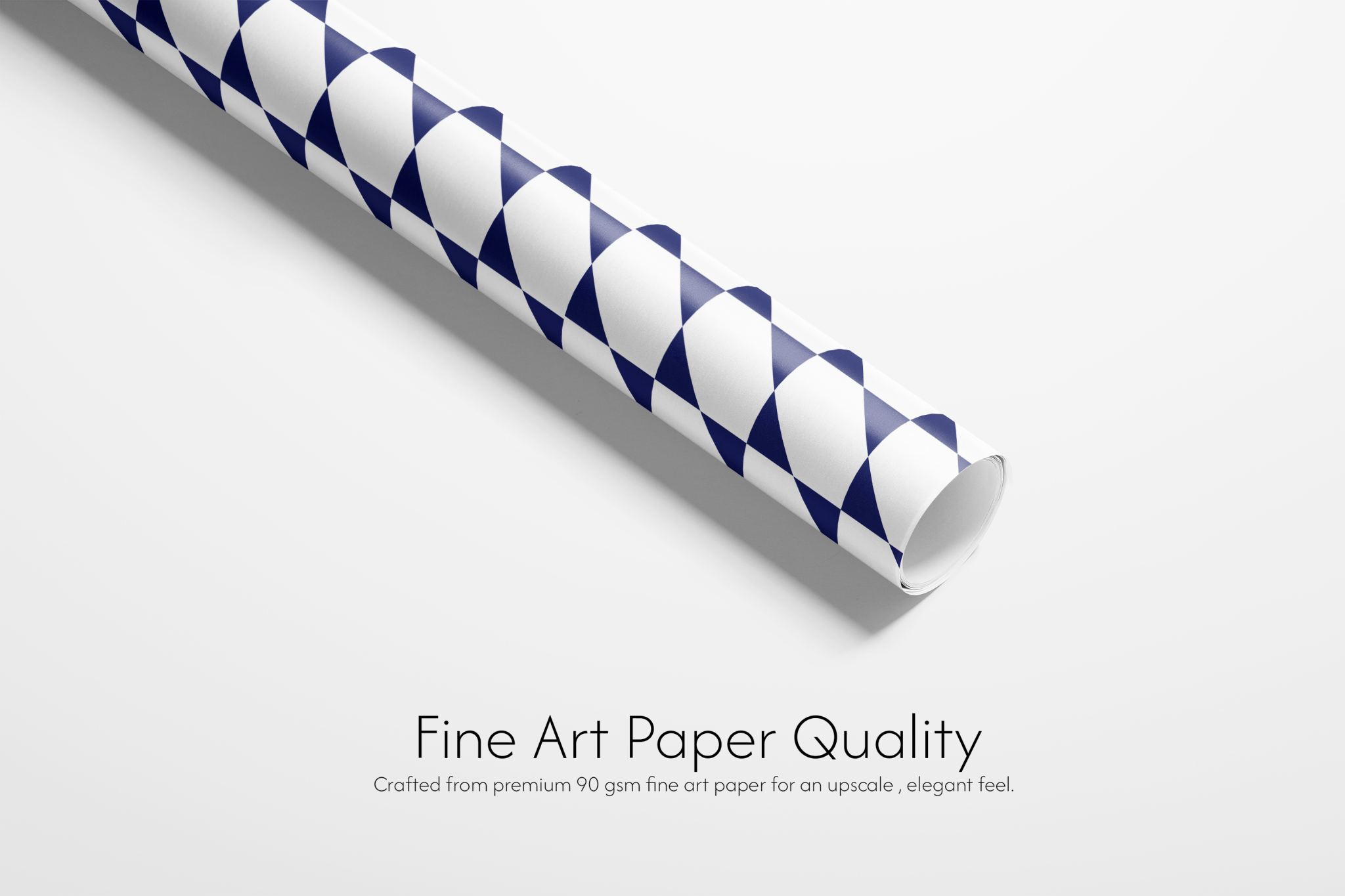 White wrapping paper with a geometric pattern of interlocking deep navy blue and white triangles, forming a stylized Star of David for Hanukkah wrapping paper.
