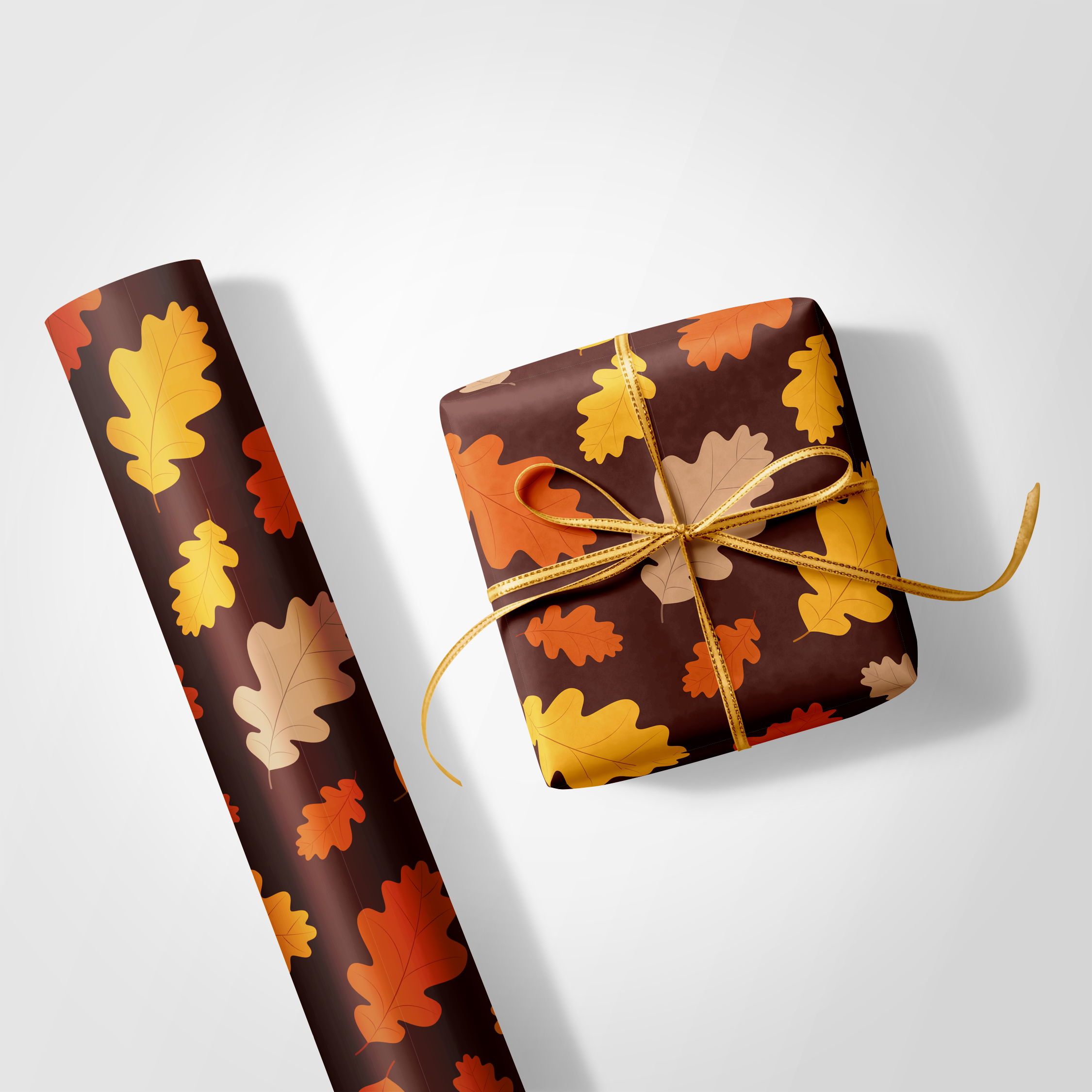 Dense fall wrapping paper with a scattered pattern of stylized leaves in burnt orange, brown, and yellow, ideal for autumn and Thanksgiving gifts.
