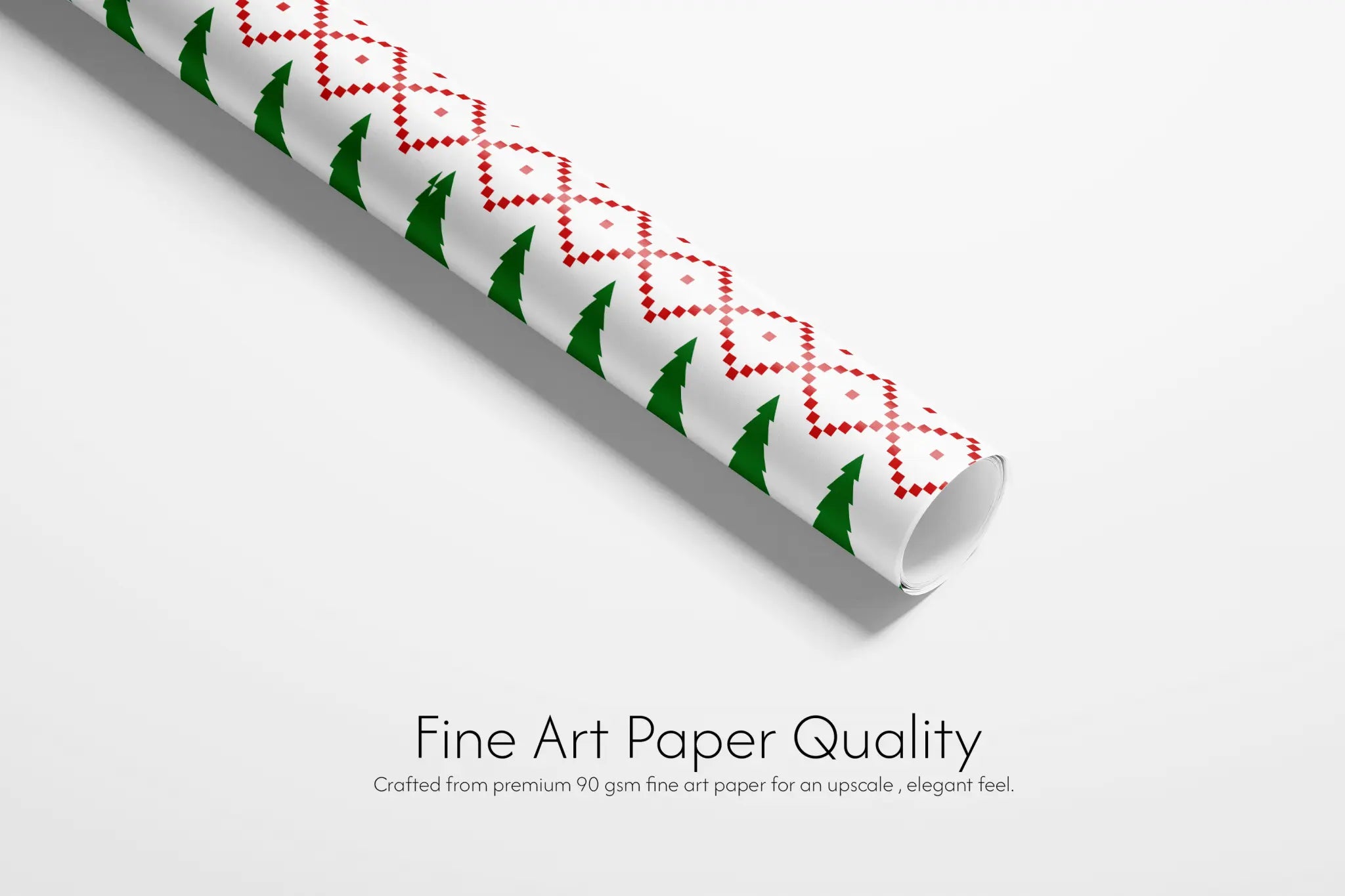 Ugly Sweater Wrapping Paper roll with red Fair Isle knit pattern and green Christmas trees on white, fine art paper quality