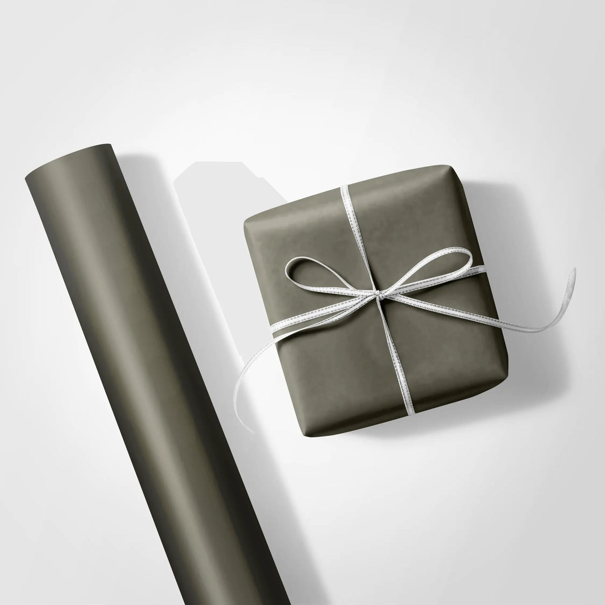 Haus of Wrap muted olive wrapping paper, perfect for birthday, wedding, or holiday gifts; matching roll and wrapped box shown.