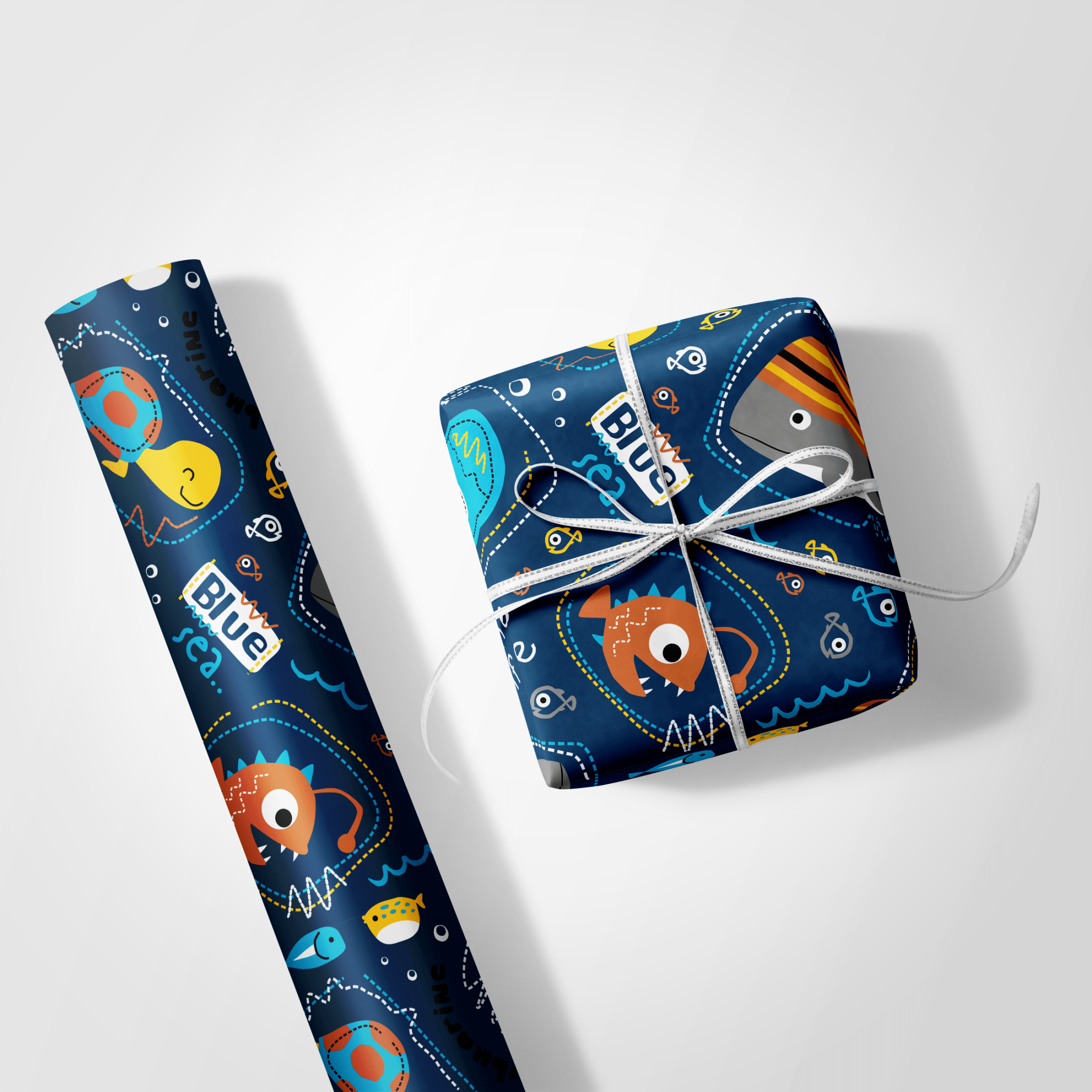 Gift wrap with fish design on a white background
