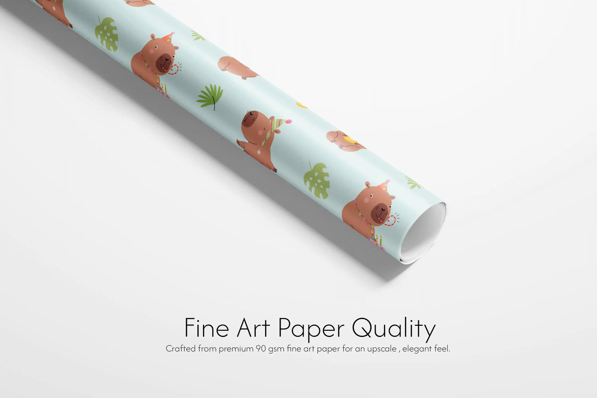 Alt Tag: Cute Birthday Wrapping Paper roll with capybara and botanical pattern on light blue background, Cerulean Botanica