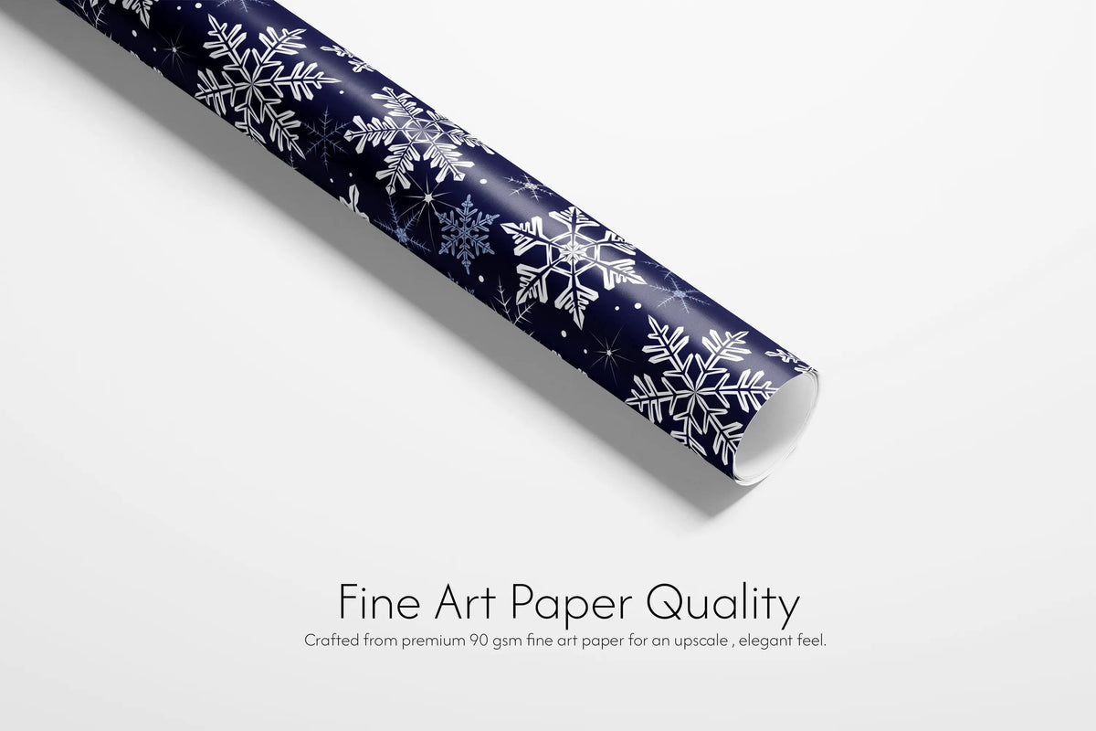 Haus of Wrap navy and white snowflake holiday gift wrap, perfect for Christmas, birthday, or winter weddings.