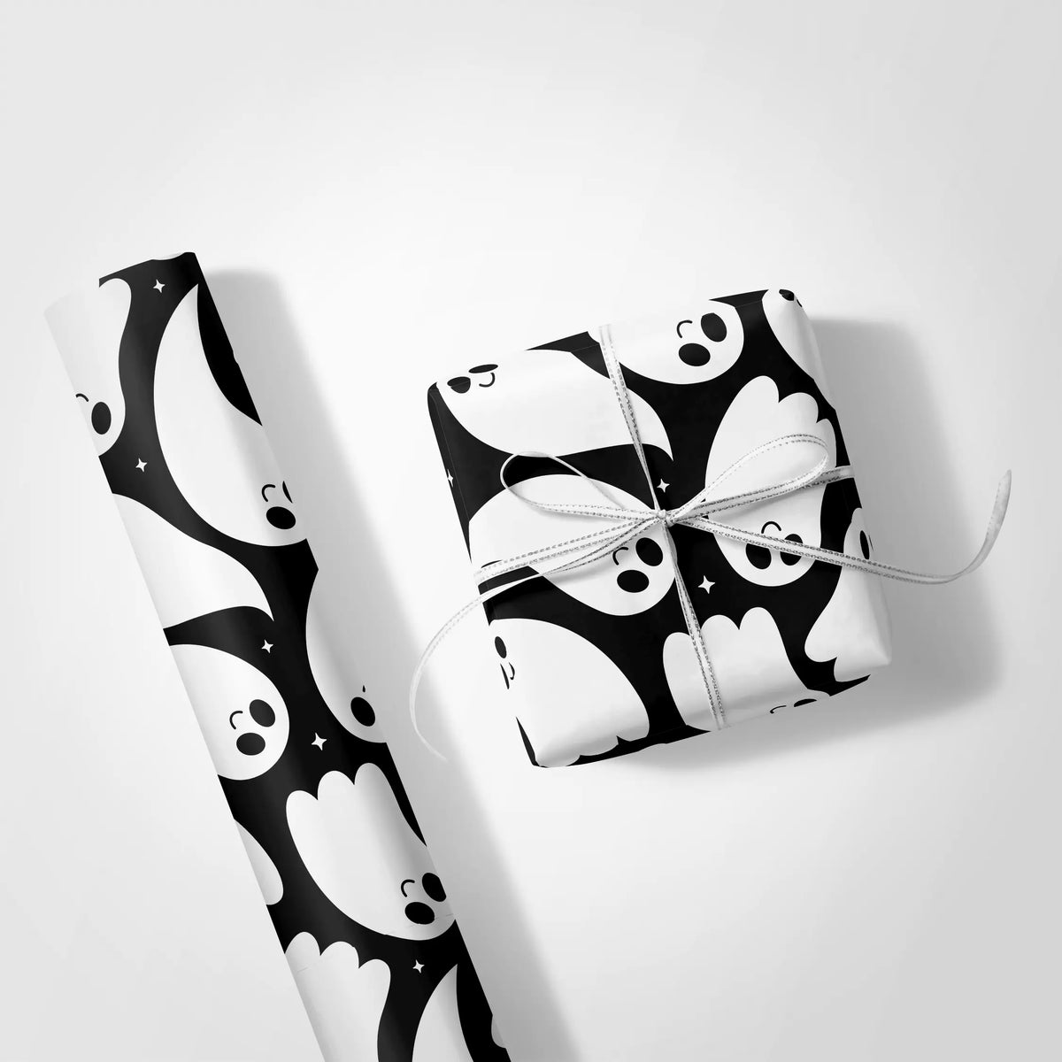 Cute white ghosts with whimsical expressions on a dark background. Fun Halloween luxury gift wrap for spooky celebrations.