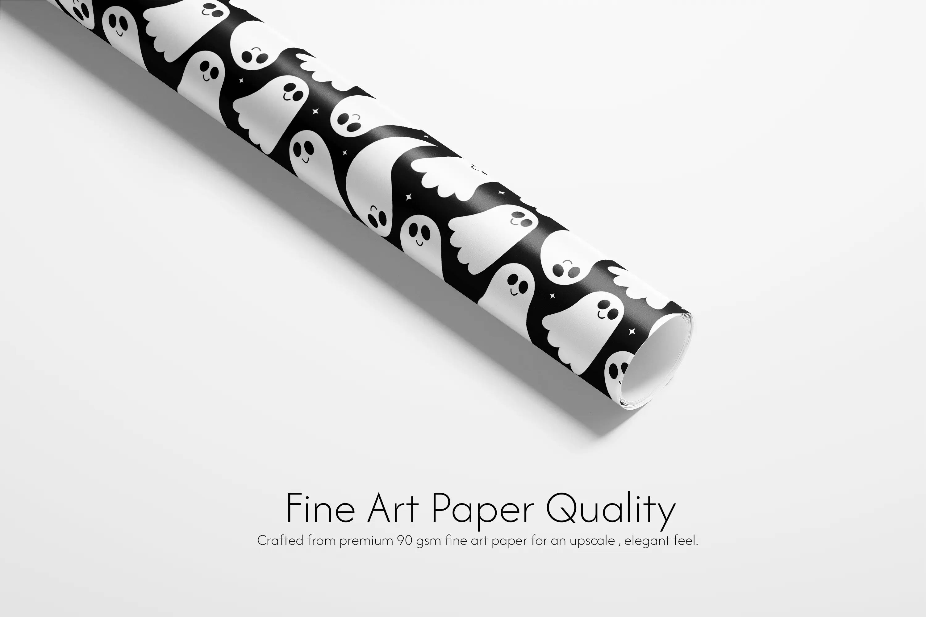 Cute white ghosts with whimsical expressions on a dark background. Fun Halloween luxury gift wrap for spooky celebrations.