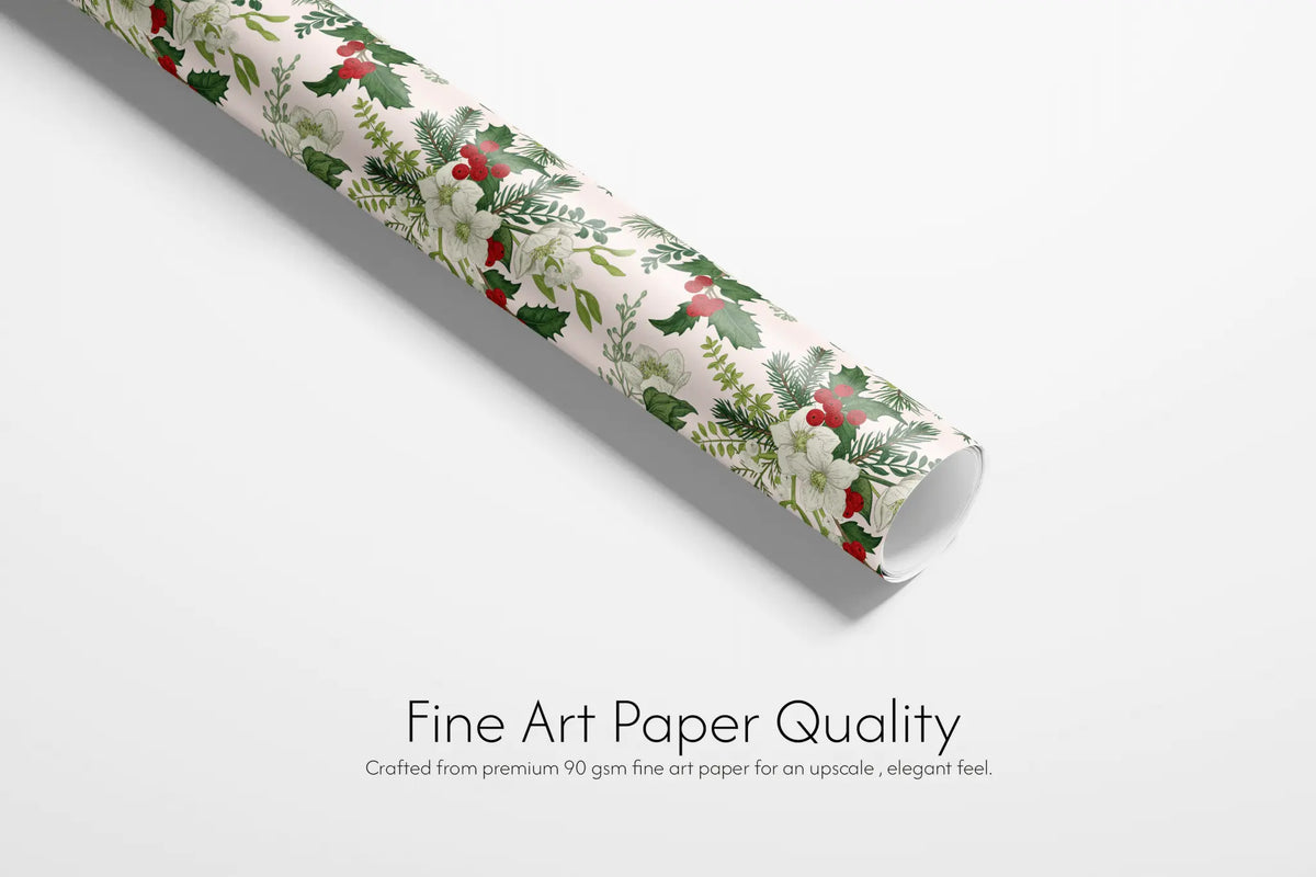 Botanical Christmas Wrapping Paper roll with holly berries, green leaves and white roses on blush pink, fine art paper quality