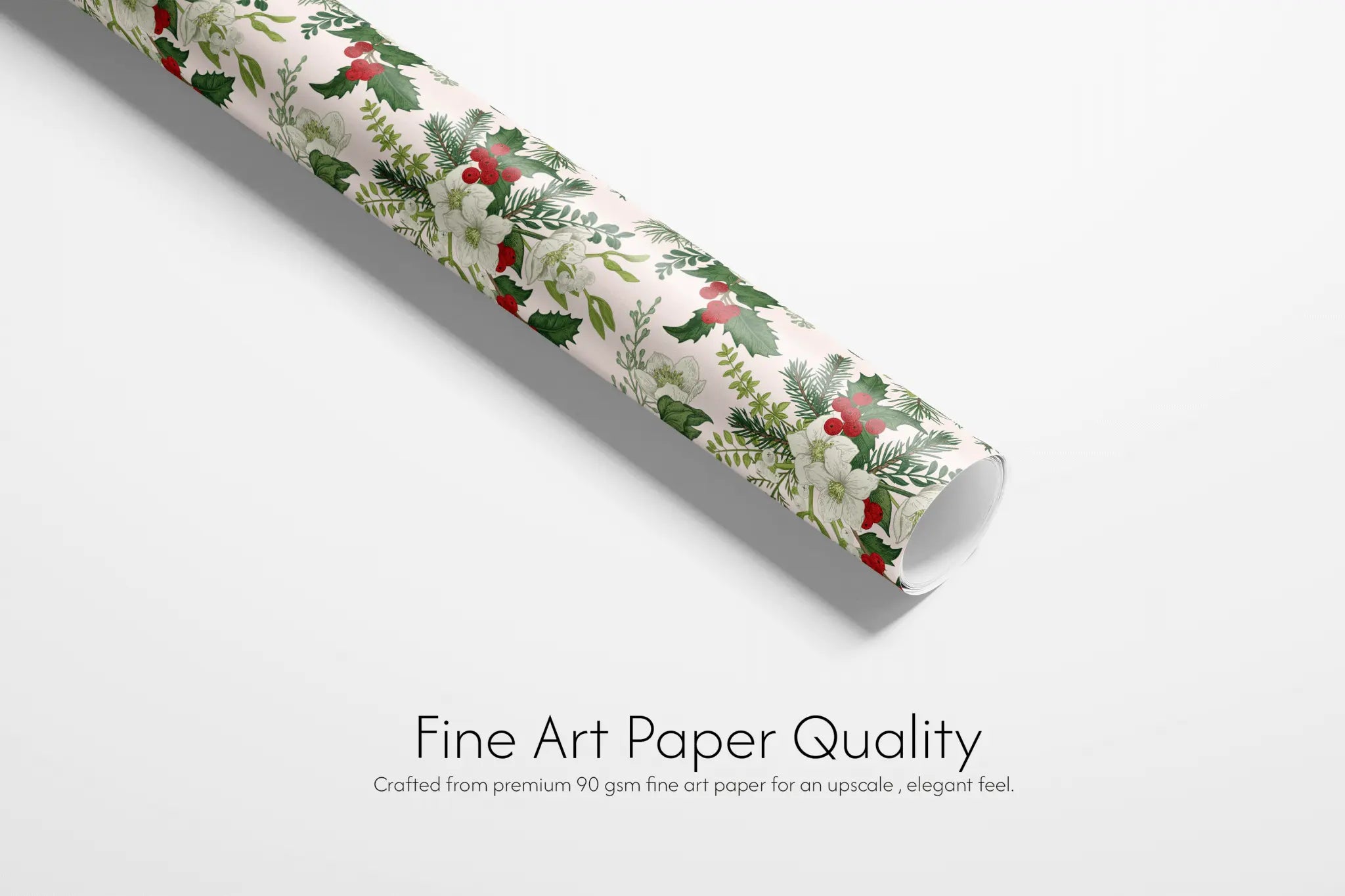 Botanical Christmas Wrapping Paper roll with holly berries, green leaves and white roses on blush pink, fine art paper quality