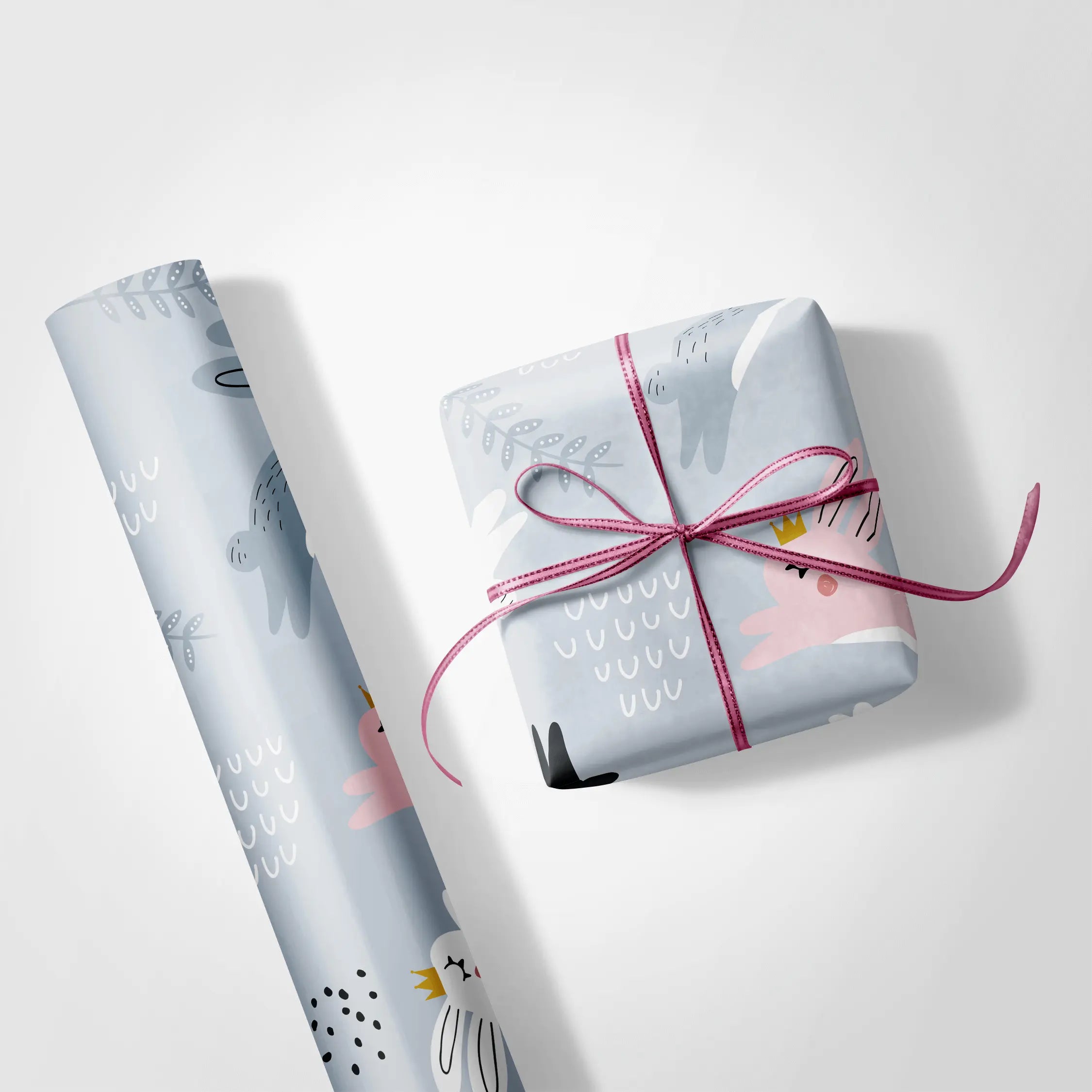 Haus of Wrap pastel blue Nordic wrapping paper with crowned hares birds—perfect gift wrap for birthday, wedding, or holiday.
