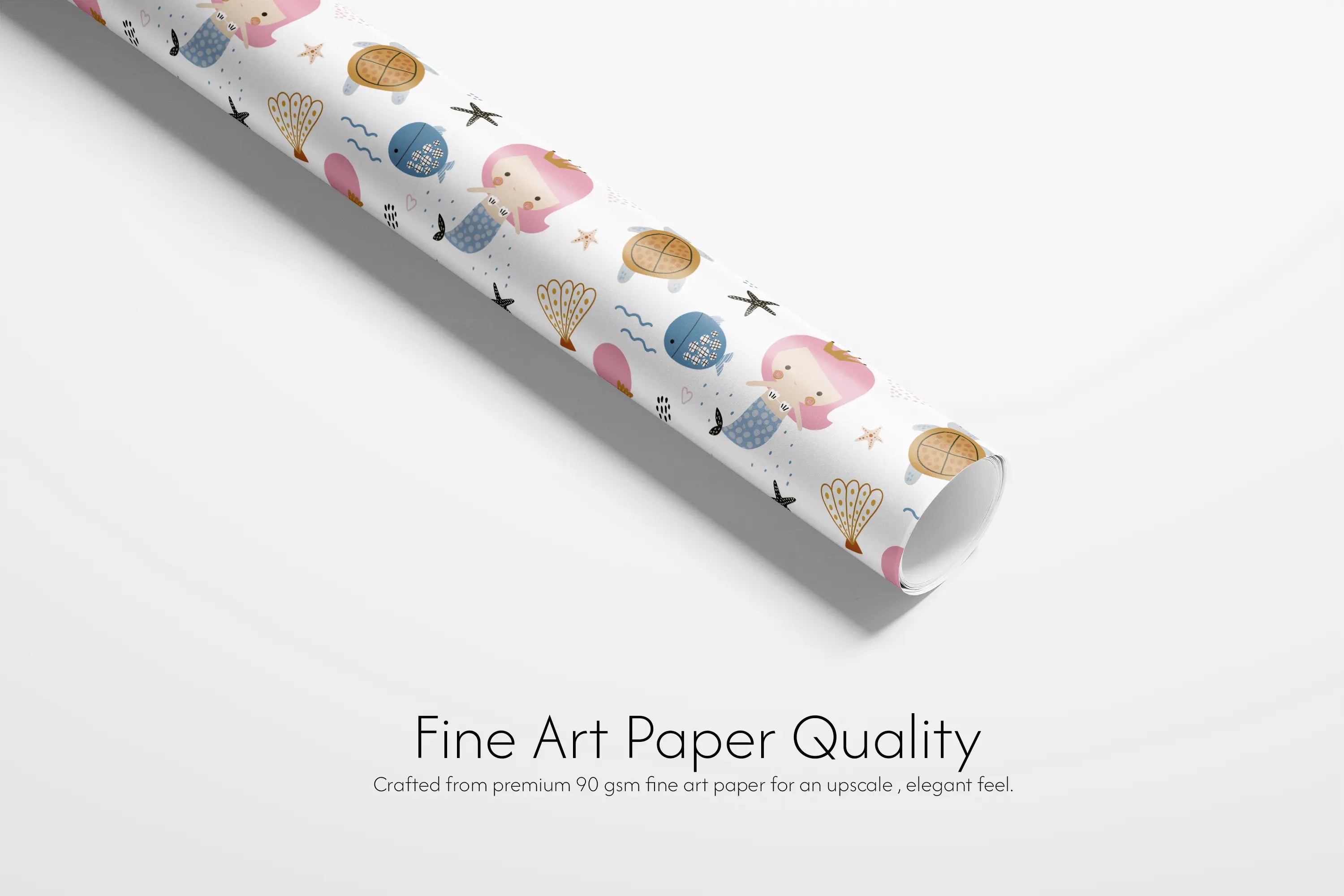 Mermaid Birthday Wrapping Paper roll, Sea Princess pastel mermaids with crowns, turtles, crabs and starfish, fine art paper quality