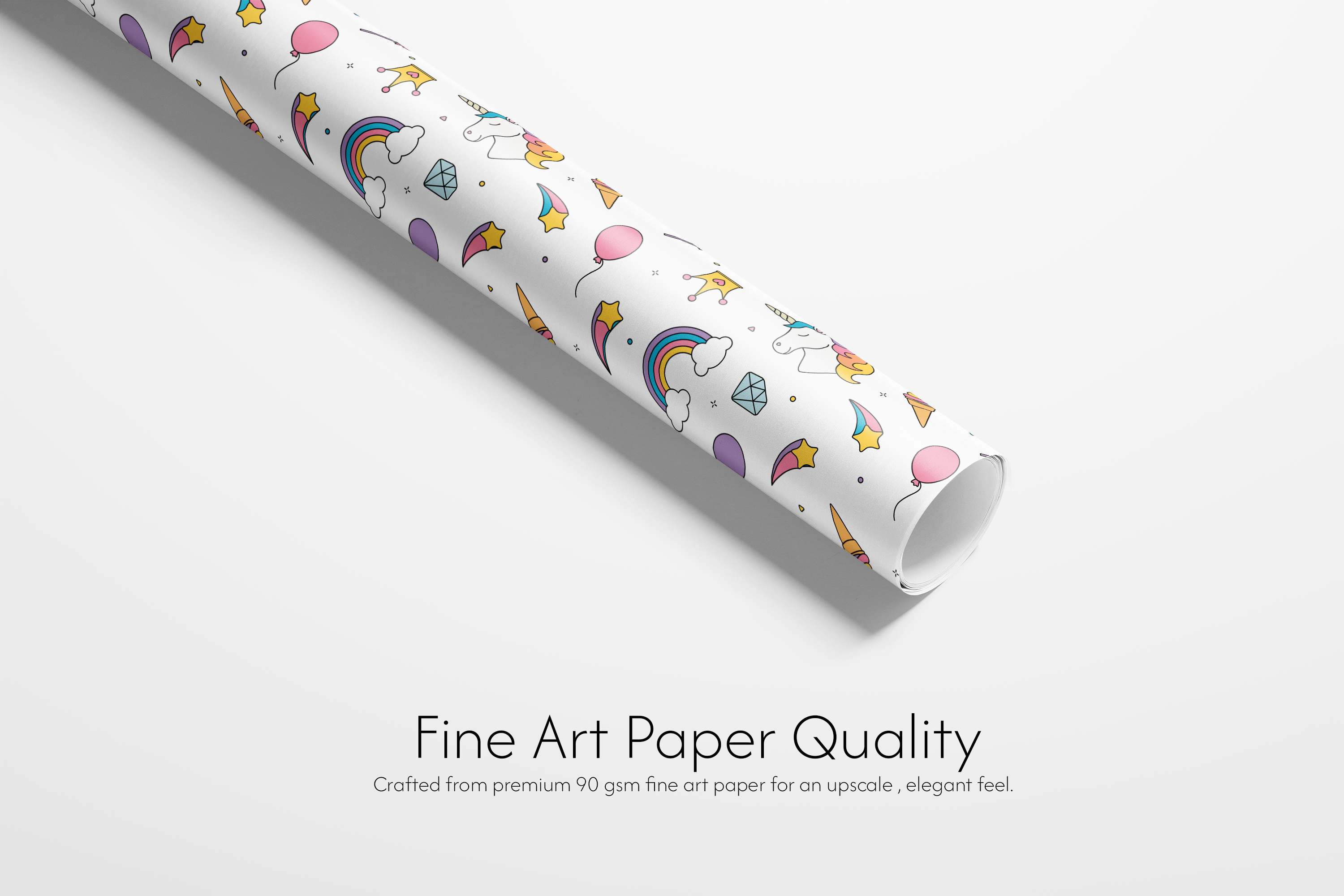 Roll of paper with unicorn and rainbow pattern on a white background