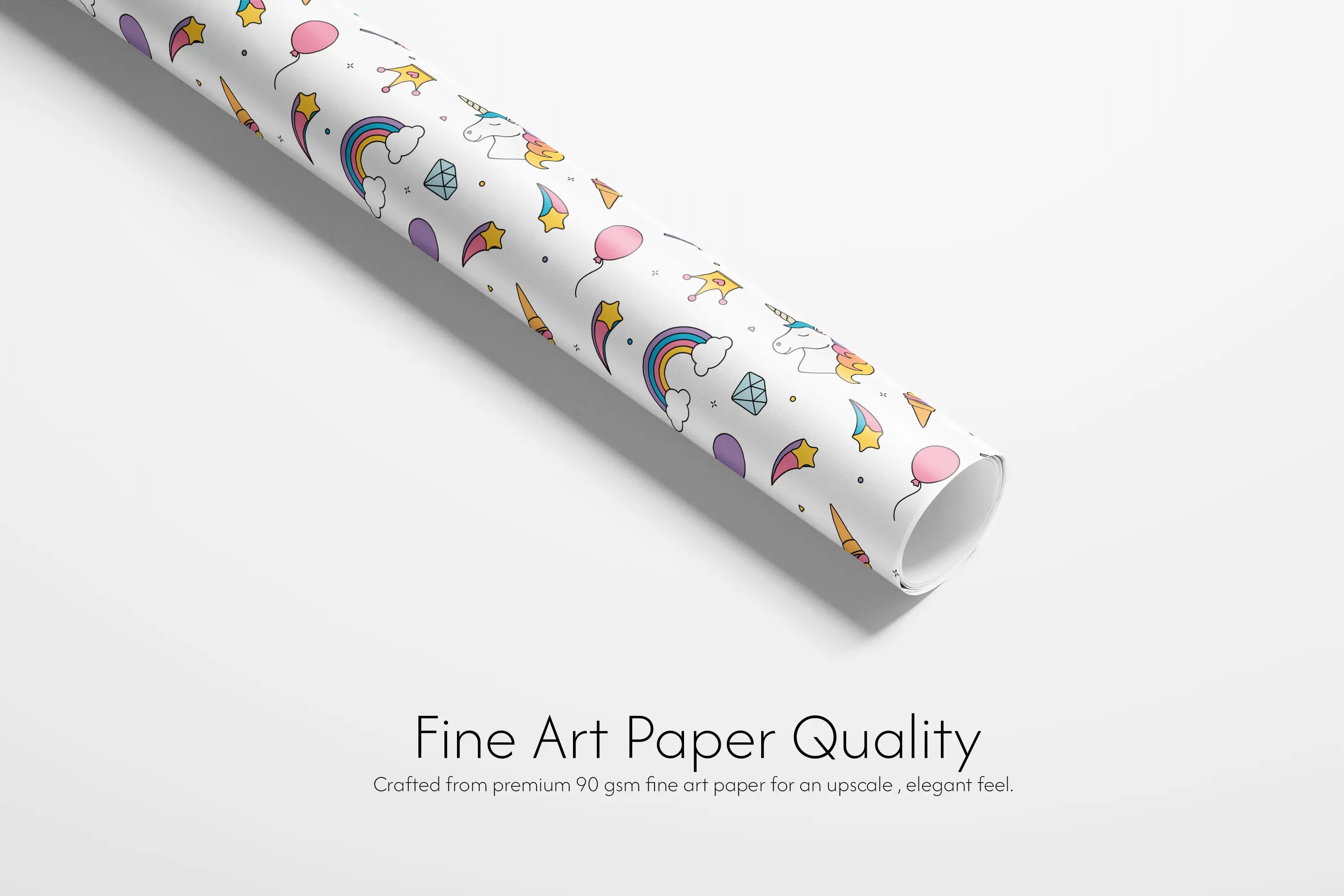 Alt Tag: Unicorn Birthday Gift Wrap Fuchsia Fantasy wrapping paper roll with unicorns, rainbows, crowns, balloons on white fine art paper