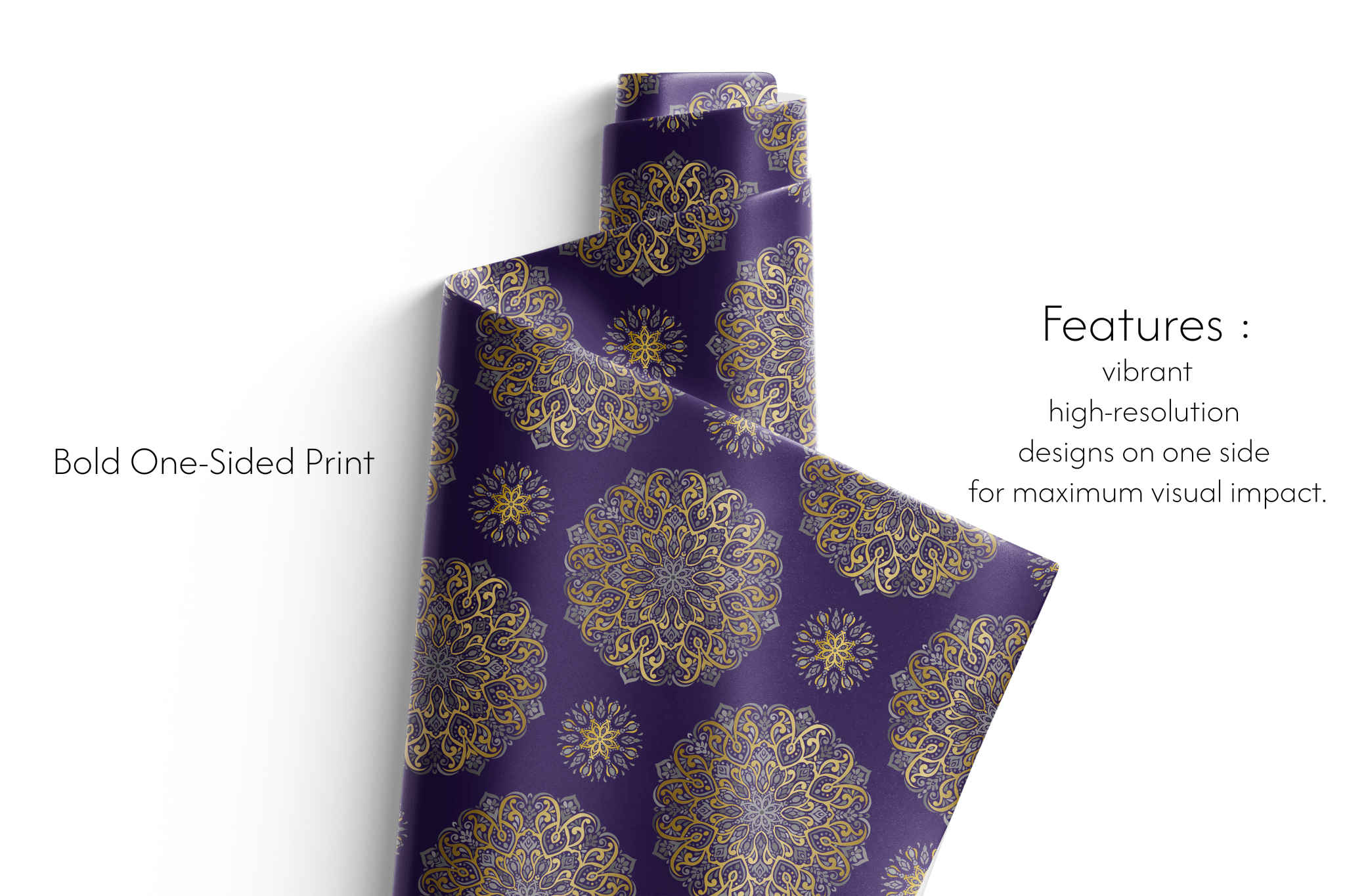 Purple wrapping paper with gold floral patterns on a white background