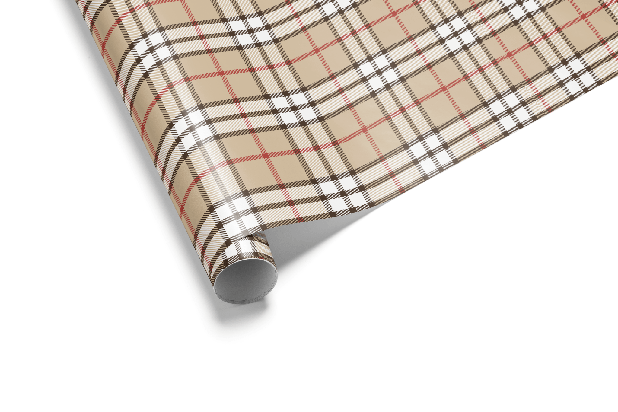 Neutral plaid wrapping paper with a classic tartan check pattern in tan/beige, white, thin red, and black lines, inspired by luxury fashion.