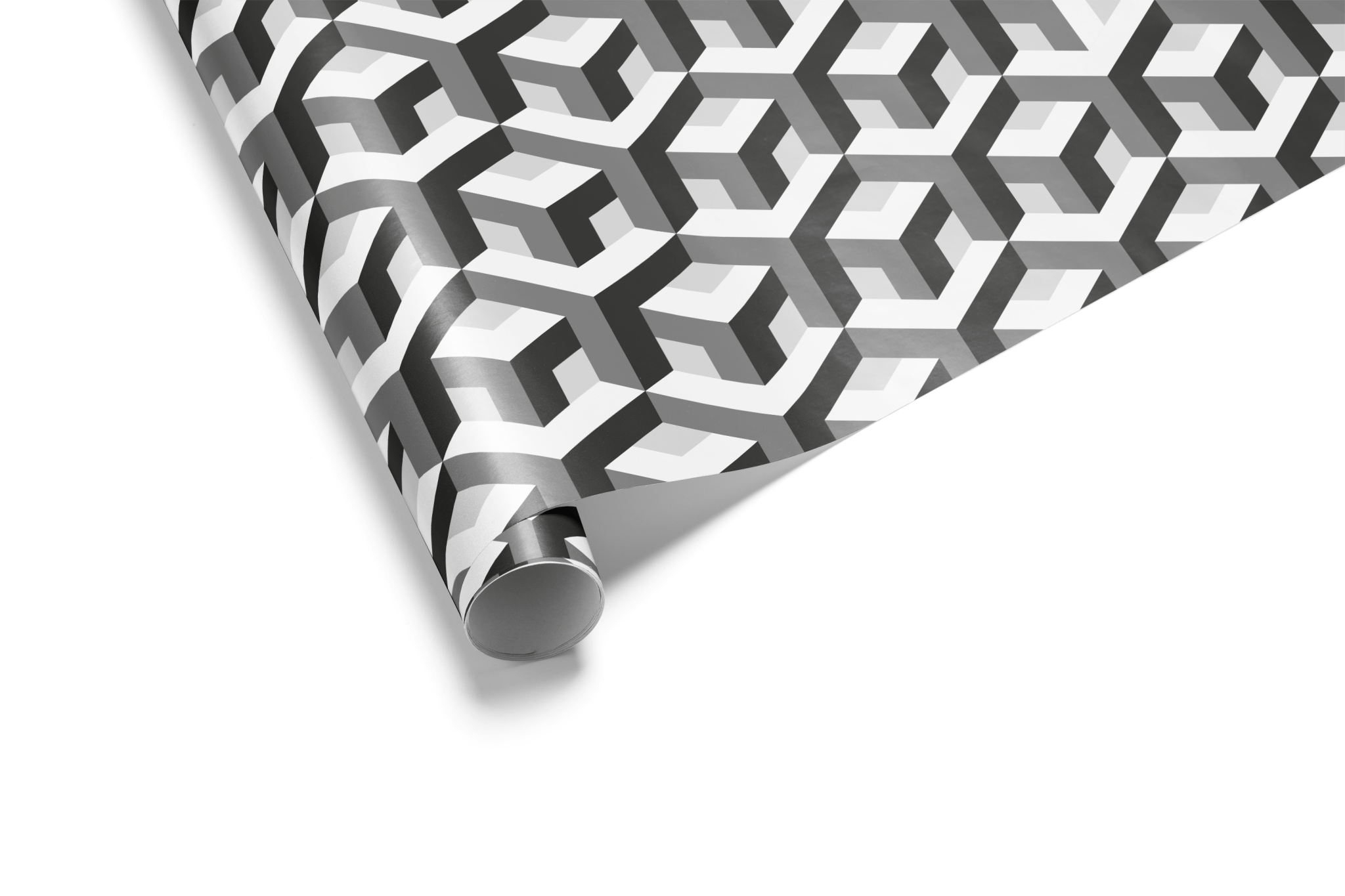 Black and white wrapping paper with a dense, interlocking 3D cube or tumbling blocks geometric pattern, creating an optical illusion.