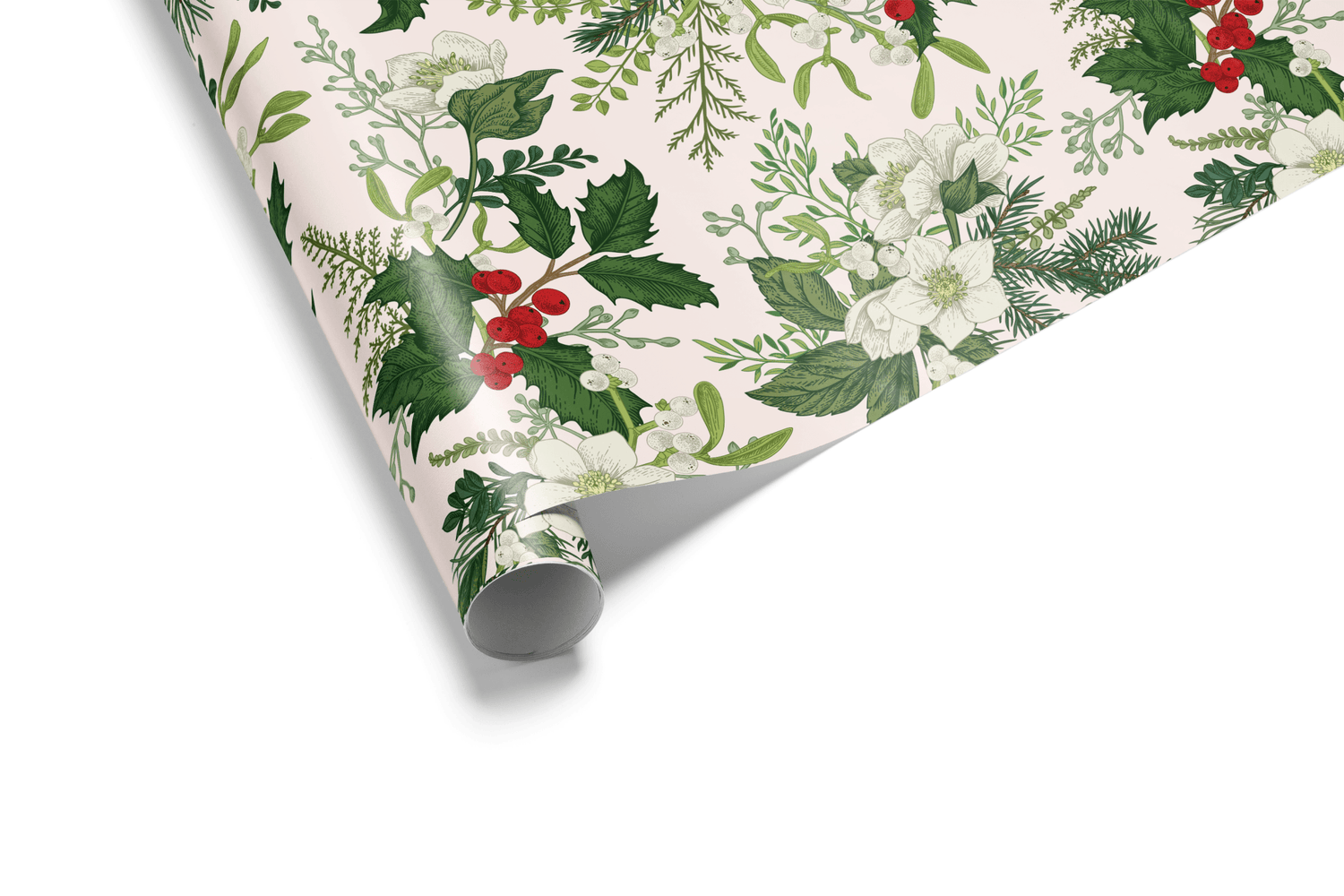 Light pink Christmas wrapping paper with a detailed hand-drawn pattern of green holly leaves, red holly berries, pine needles, and white winter flowers.