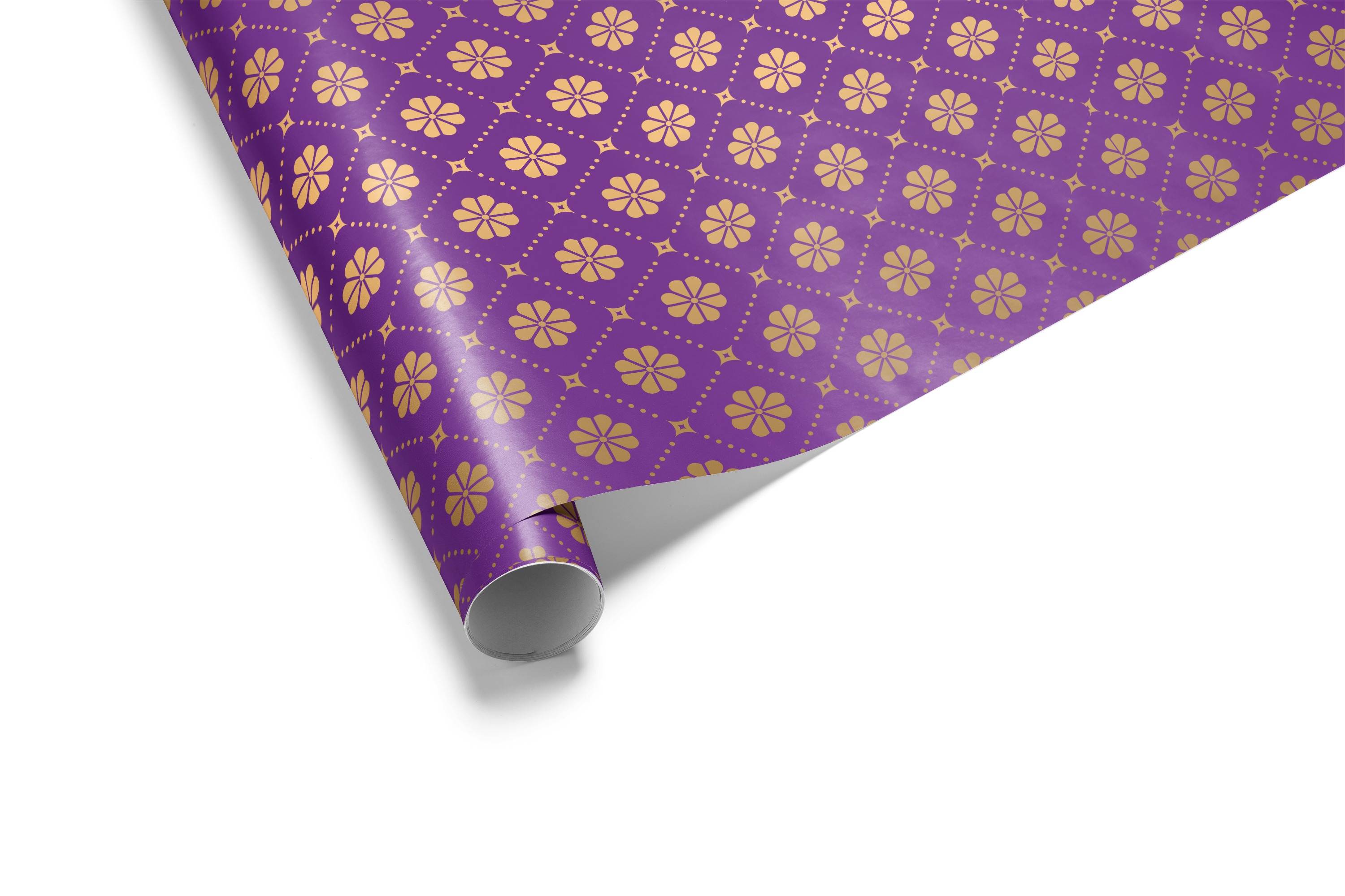 Solid royal purple wrapping paper with a dense, repeating geometric grid of small metallic gold flowers and dots, ideal for luxury gift wrap and formal occasions.
