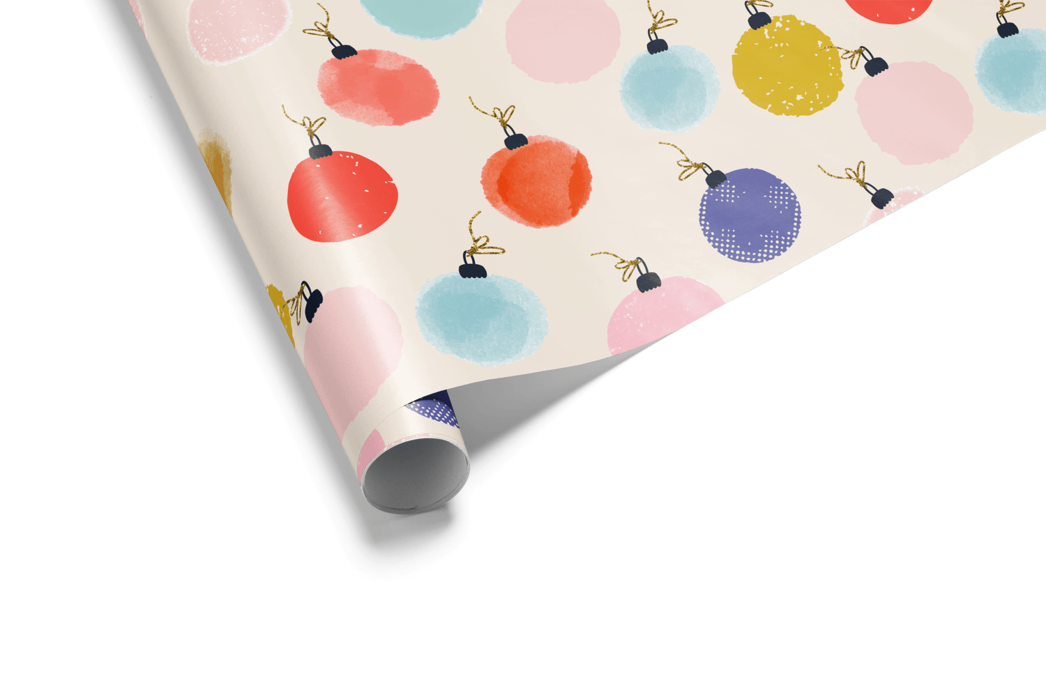 Cream-colored Christmas wrapping paper with a dense pattern of small, round Christmas ornaments in various bright and pastel colors, ideal for a fun and modern aesthetic.