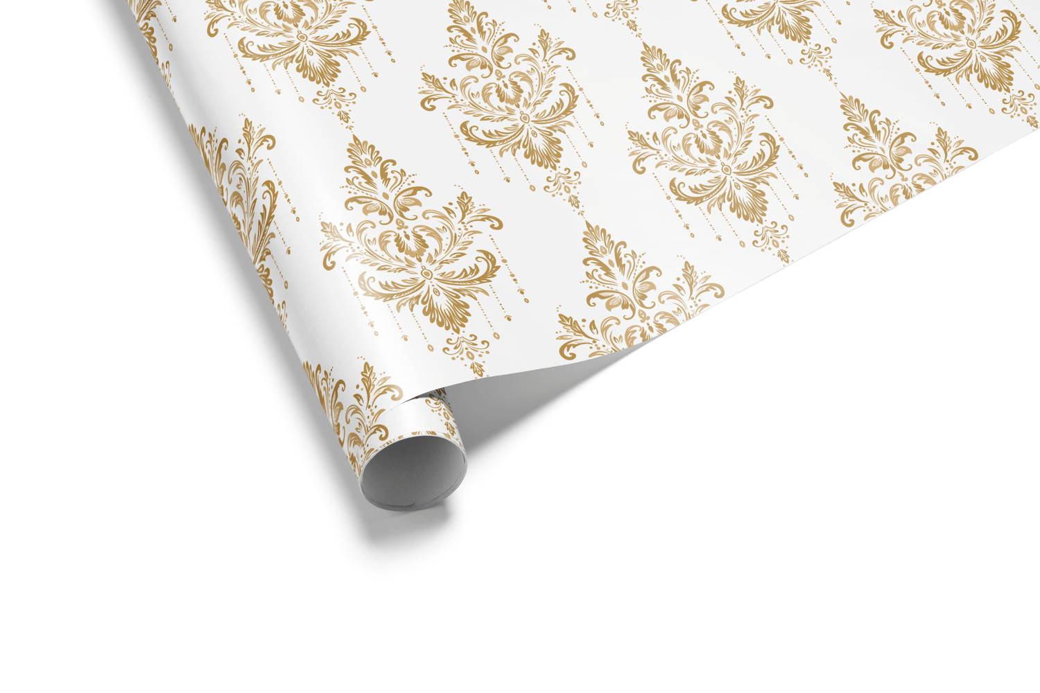 White wrapping paper with a large, repeating ornate gold metallic Baroque or damask pattern, conveying an air of luxury and formal gift wrap.