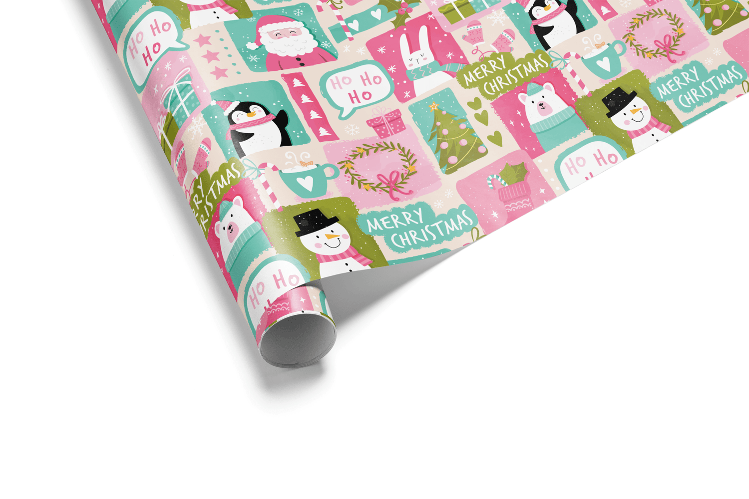 Block-style Christmas wrapping paper in pink and mint green featuring cartoon characters like Santa, a polar bear, a snowman, and a penguin, ideal for cute Christmas wrapping paper.
