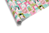 Block-style Christmas wrapping paper in pink and mint green featuring cartoon characters like Santa, a polar bear, a snowman, and a penguin, ideal for cute Christmas wrapping paper.