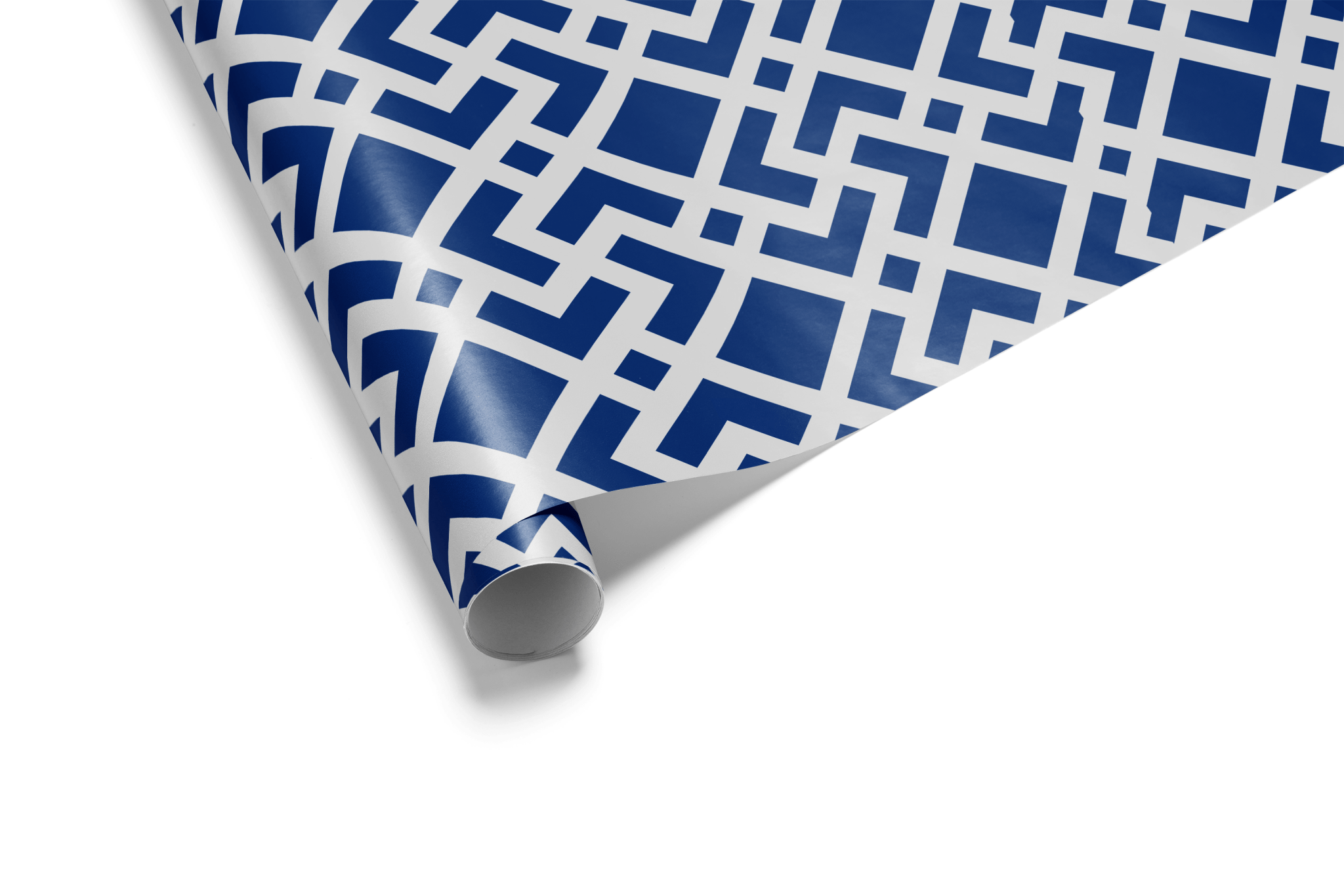 High-contrast geometric wrapping paper with an interlocking lattice and square pattern in deep indigo blue and light gray, ideal for mens wrapping paper and modern gifts.