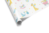 White wrapping paper with a scattered pattern of baby icons, giraffes, storks, and footprints in pastel pink, blue, and yellow, ideal for baby shower wrapping paper.