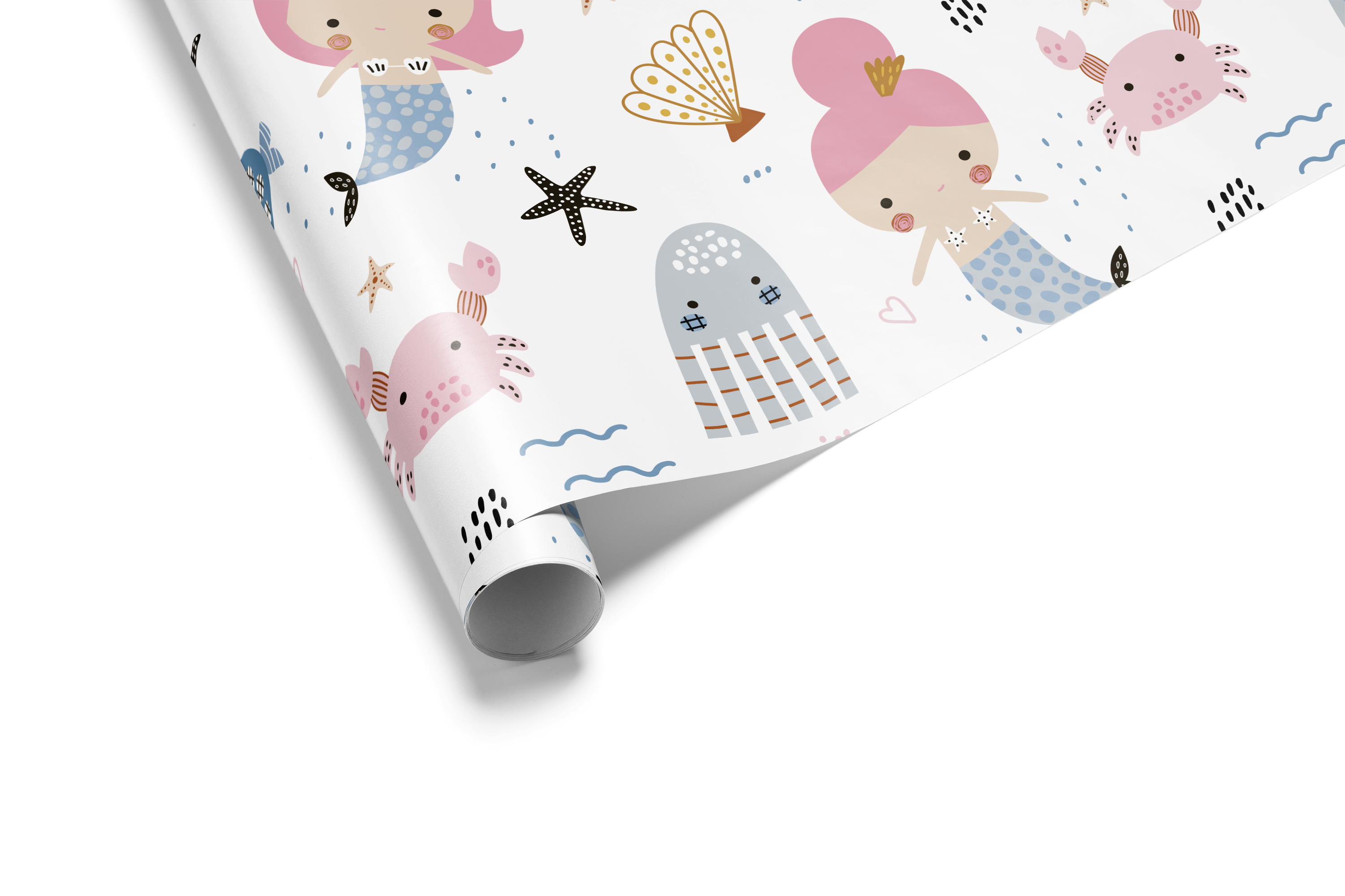 White wrapping paper with a scattered pattern of cartoon mermaids with pink hair, sea turtles, crabs, and starfish, ideal for mermaid wrapping paper and girly birthday wrapping paper.