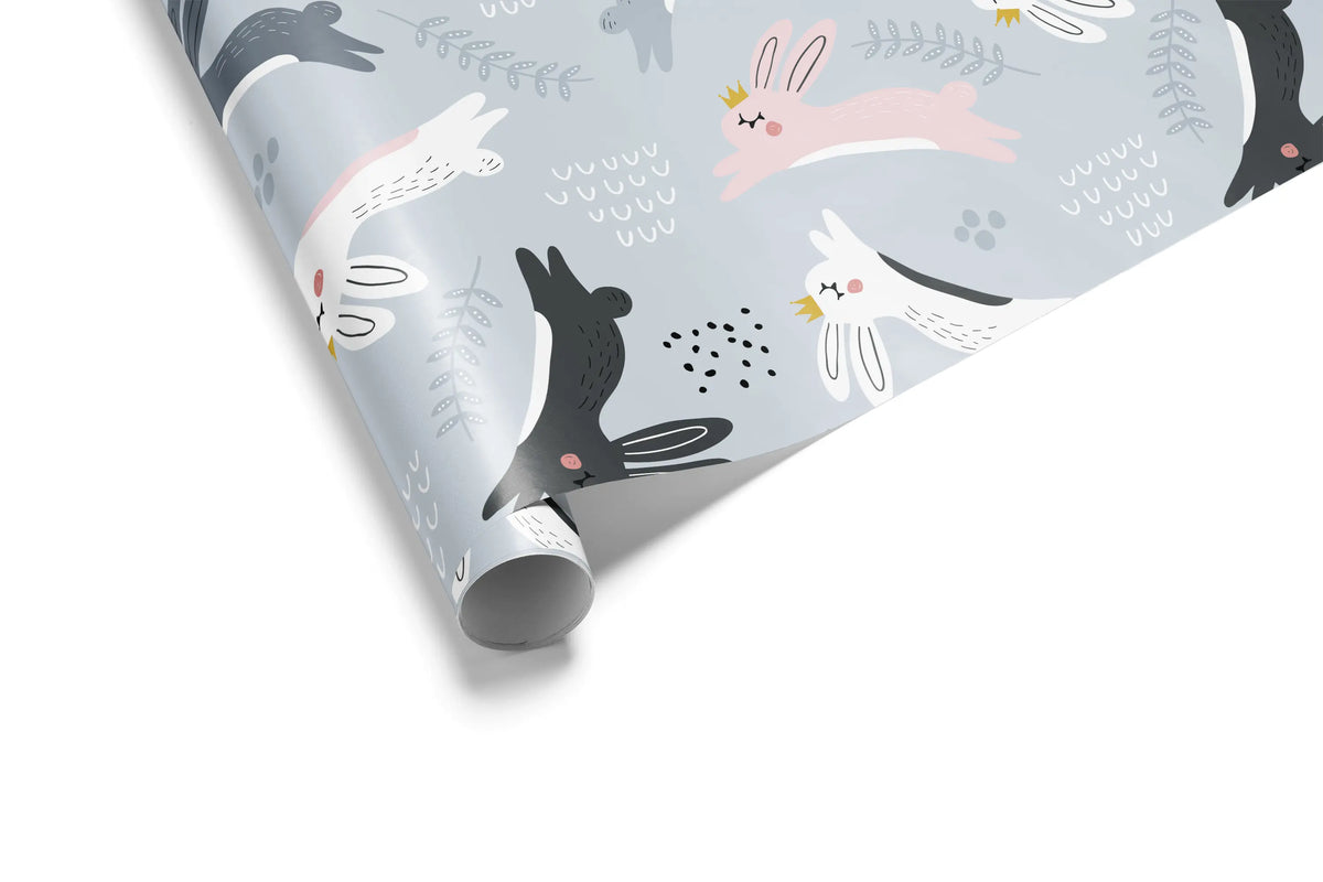 Haus of Wraps Nordic gift wrap features crowned pink, white black bunnies—perfect for birthday, wedding, or holiday gifting.