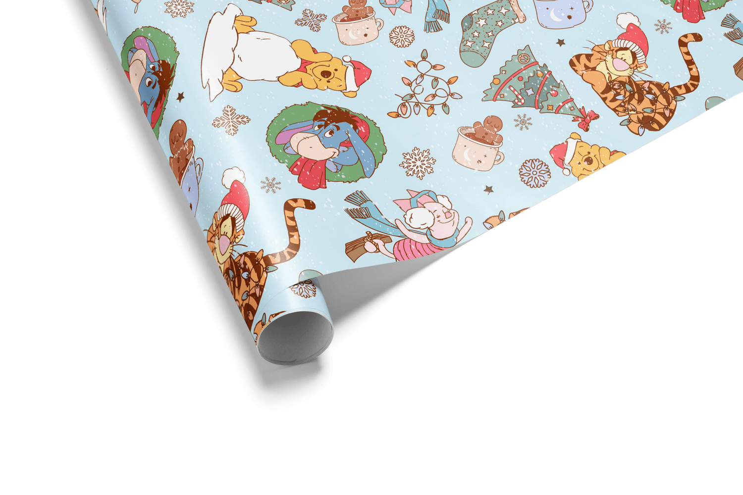 Light blue Christmas wrapping paper with a dense pattern of cartoon Winnie the Pooh and Tigger characters, stylized with Christmas wreaths and Santa hats.