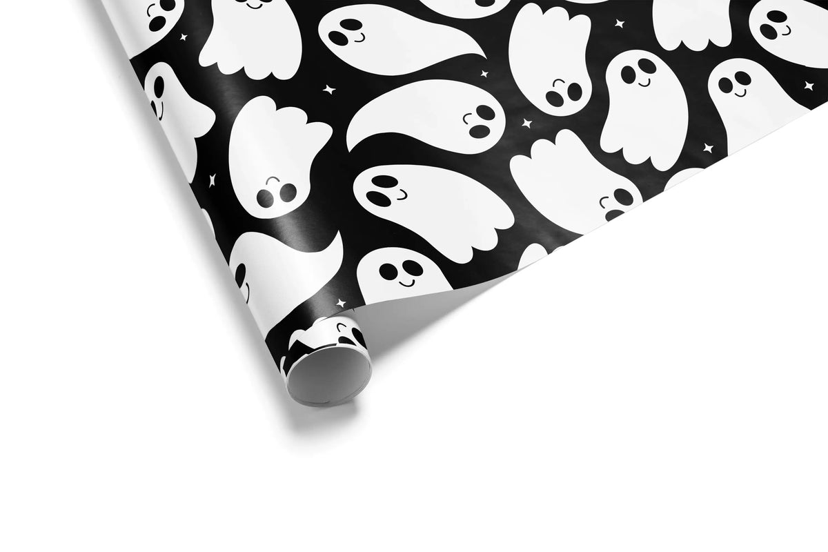 Cute white ghosts with whimsical expressions on a dark background. Fun Halloween luxury gift wrap for spooky celebrations.
