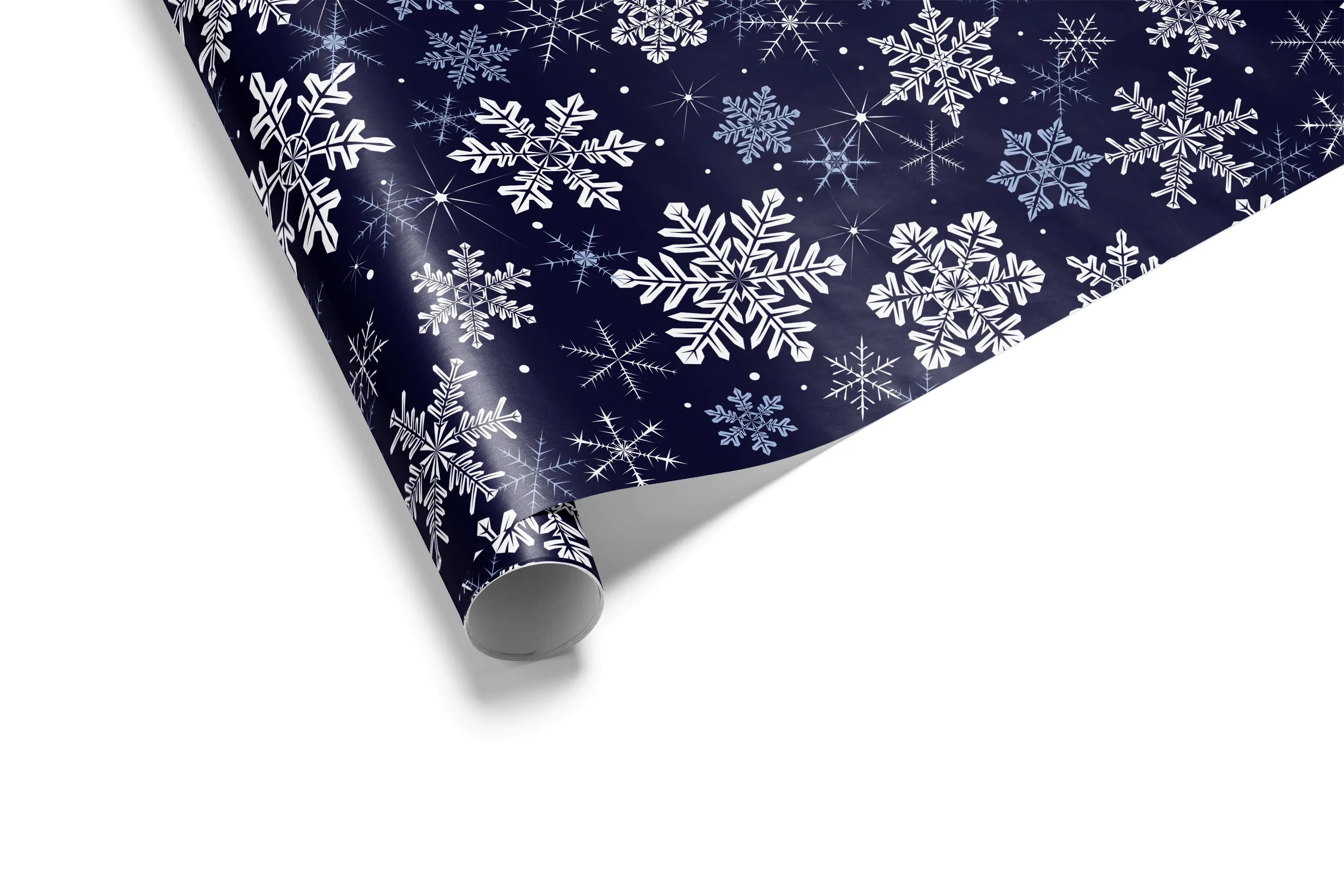 Haus of Wraps Deep Freeze navy gift wrap with elegant snowflakes—perfect for festive, birthday, or holiday wrapping.
