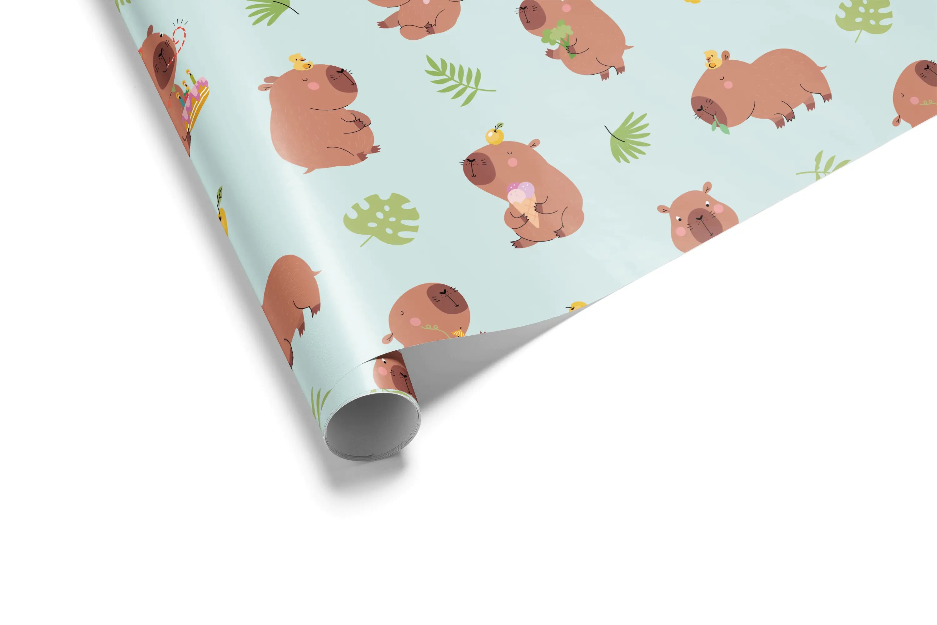 Alt Tag: Cute Birthday Wrapping Paper with cerulean blue capybara pattern and green botanicals on gift wrap roll