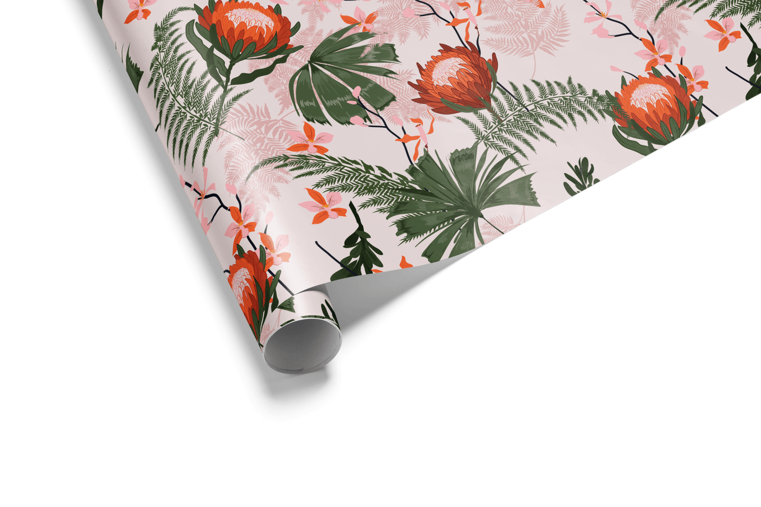 Blush pink wrapping paper with a dense pattern of large orange protea flowers, green ferns, and tropical foliage, ideal for floral wrapping paper and exotic gifts.