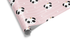 Light pink striped wrapping paper with a pattern of cute panda faces wearing small gold crowns, hearts, and "XO" text, ideal for girly birthday wrapping paper.