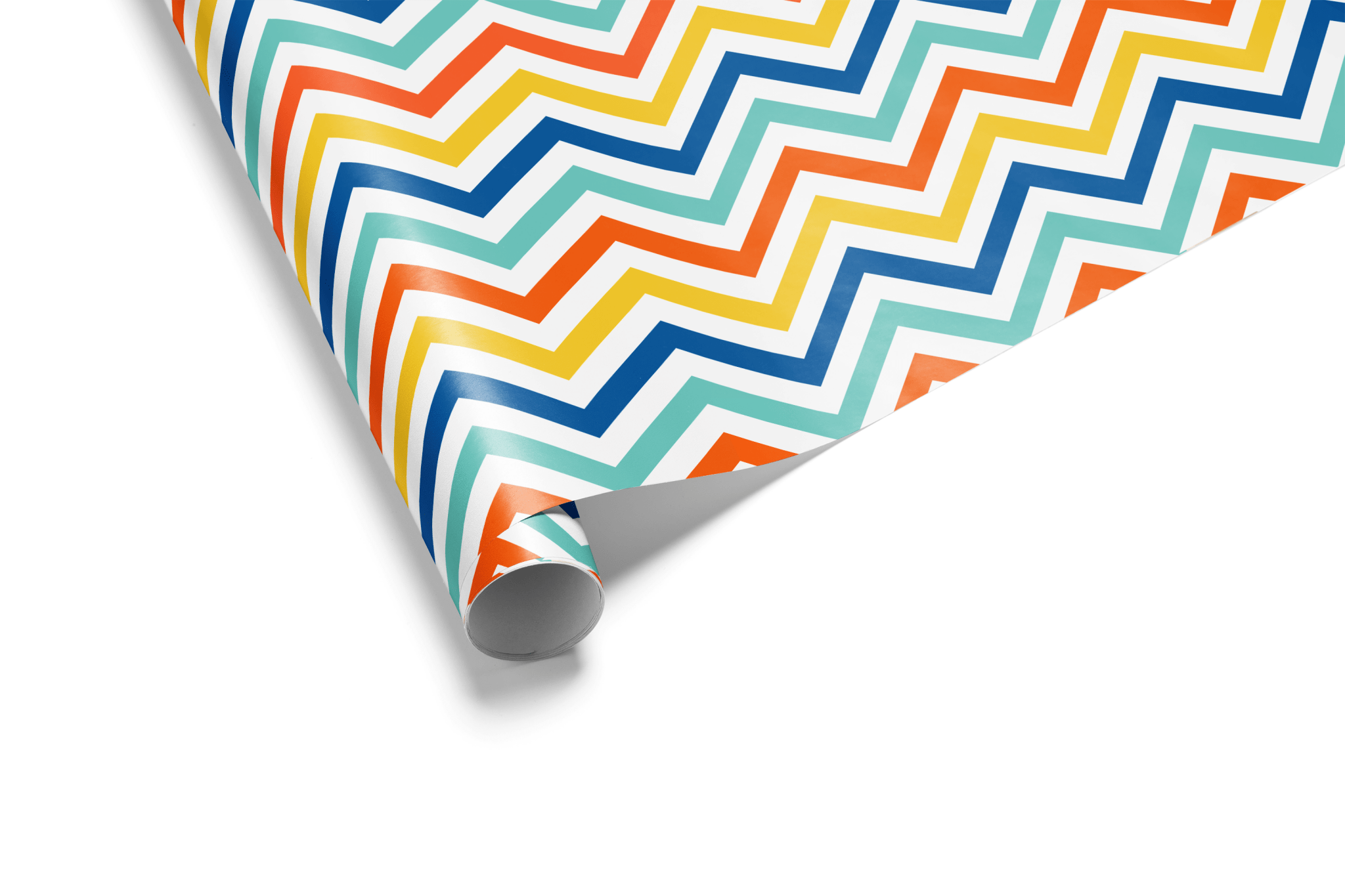 White wrapping paper with a bold geometric chevron (zigzag) pattern in bright blue, aqua, yellow, and orange stripes, ideal for colorful wrapping paper and birthday gifts.