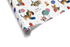 White birthday wrapping paper with a scattered pattern of colorful cartoon puppies of various breeds, party hats, balloons, and small gifts.