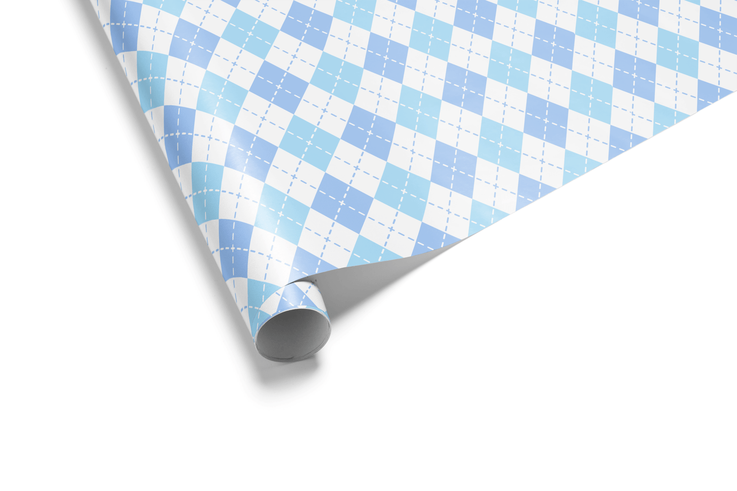 Classic Argyle plaid wrapping paper in two shades of blue and white with thin stitched lines, ideal for baby boy gifts and geometric wrapping paper.