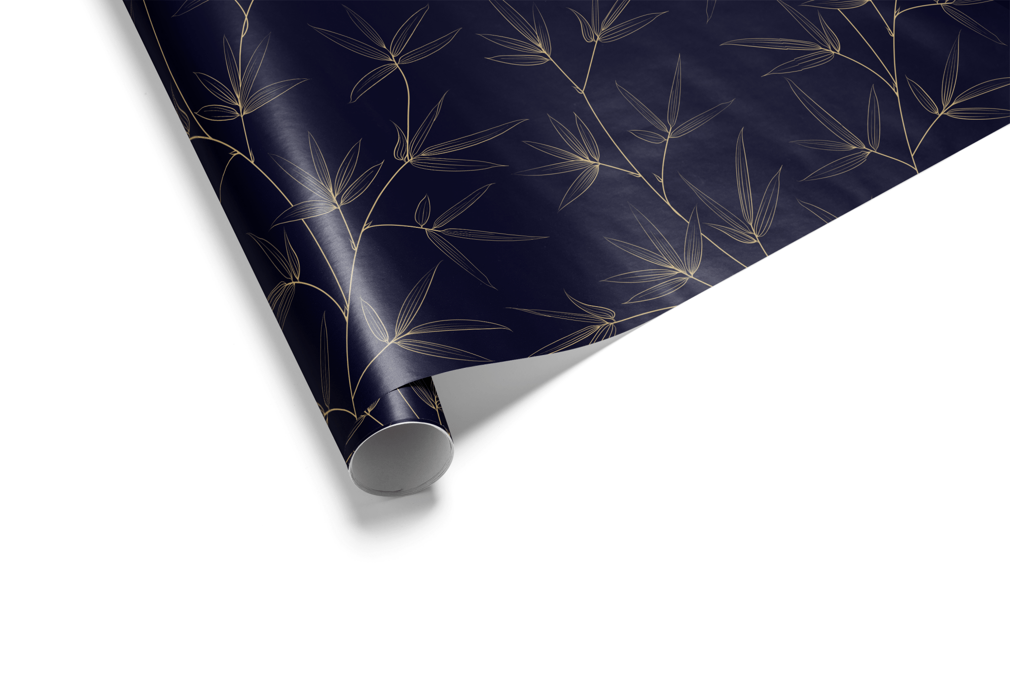 Dark navy blue wrapping paper with a subtle, fine pattern of gold metallic botanical bamboo or leaves, ideal for luxury and elegant wrapping paper.