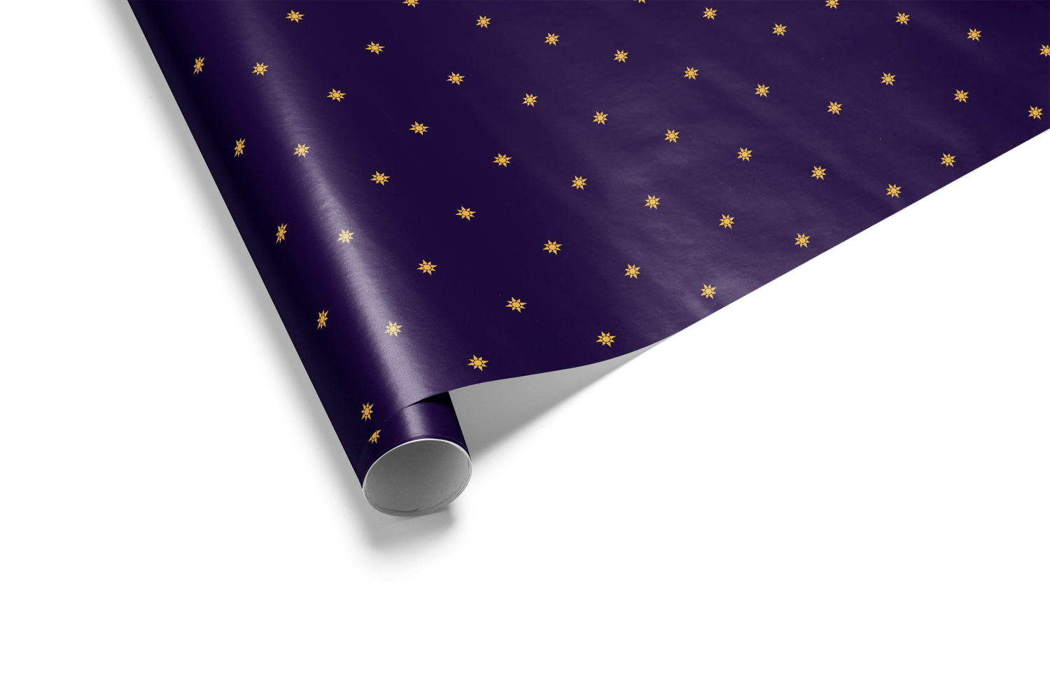 Solid deep purple wrapping paper with a repeating, uniform pattern of small metallic gold sunburst or star motifs, ideal for luxury gift wrap and formal gifting.