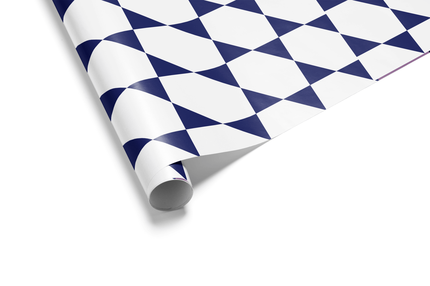 White wrapping paper with a geometric pattern of interlocking deep navy blue and white triangles, forming a stylized Star of David for Hanukkah wrapping paper.