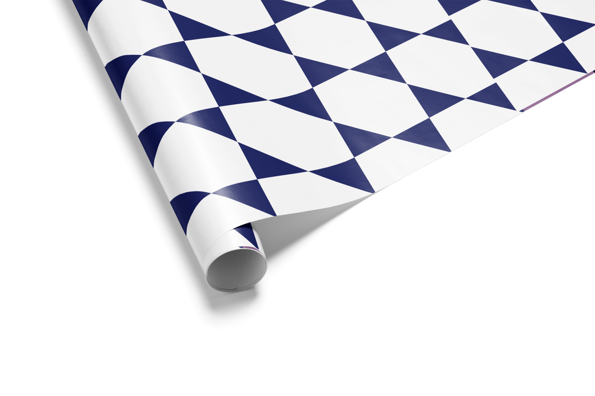 White wrapping paper with a geometric pattern of interlocking deep navy blue and white triangles, forming a stylized Star of David for Hanukkah wrapping paper.