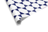 White wrapping paper with a geometric pattern of interlocking deep navy blue and white triangles, forming a stylized Star of David for Hanukkah wrapping paper.