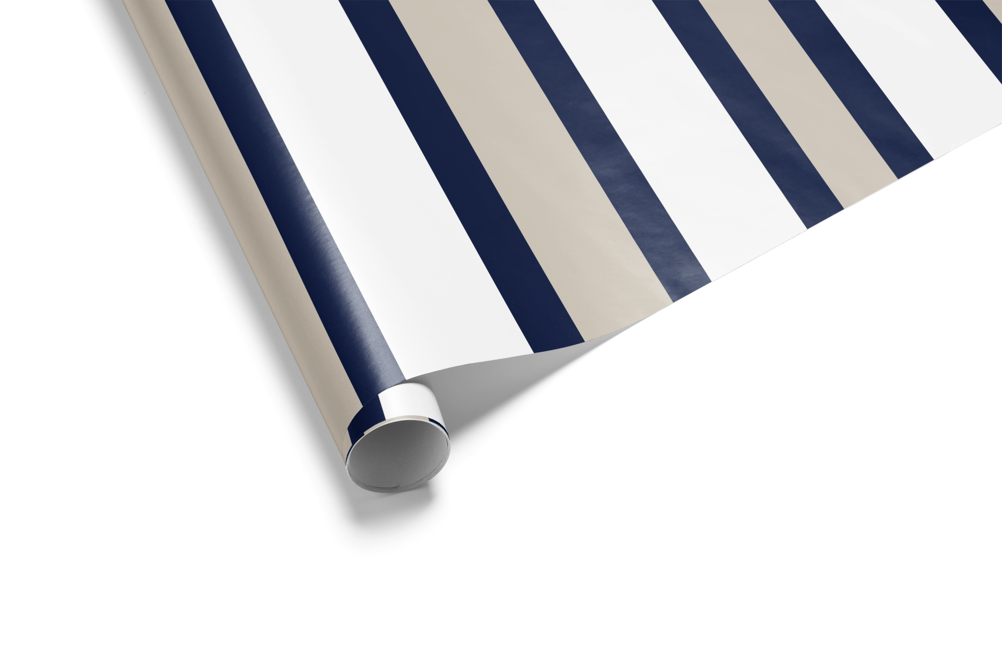 Vertical striped wrapping paper featuring broad, alternating bands of deep navy blue, white, and tan, ideal for nautical wrapping paper and luxury gift wrap.