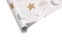 Light-colored wrapping paper with a scattered pattern of sleeping cartoon stars, crescent moons, and clouds in soft blue and tan pastels, ideal for baby shower wrapping paper.