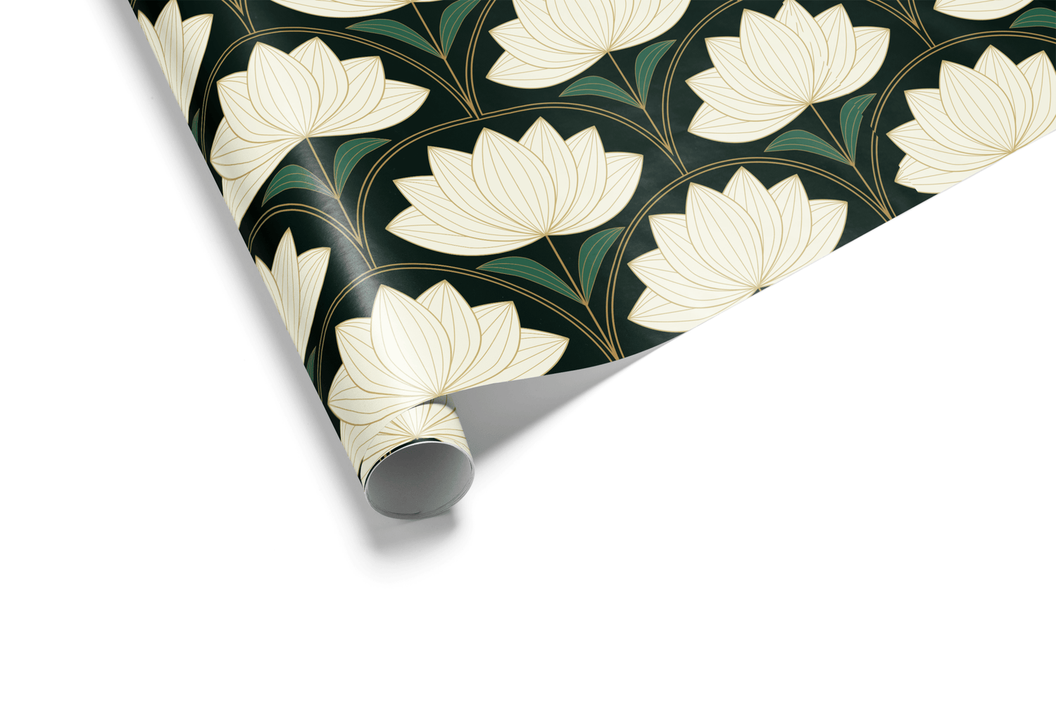 Dark green and black wrapping paper with a dense, repeating pattern of stylized cream/white Lotus Flowers and green leaves, ideal for luxury gift wrap and lotus flower wrapping paper