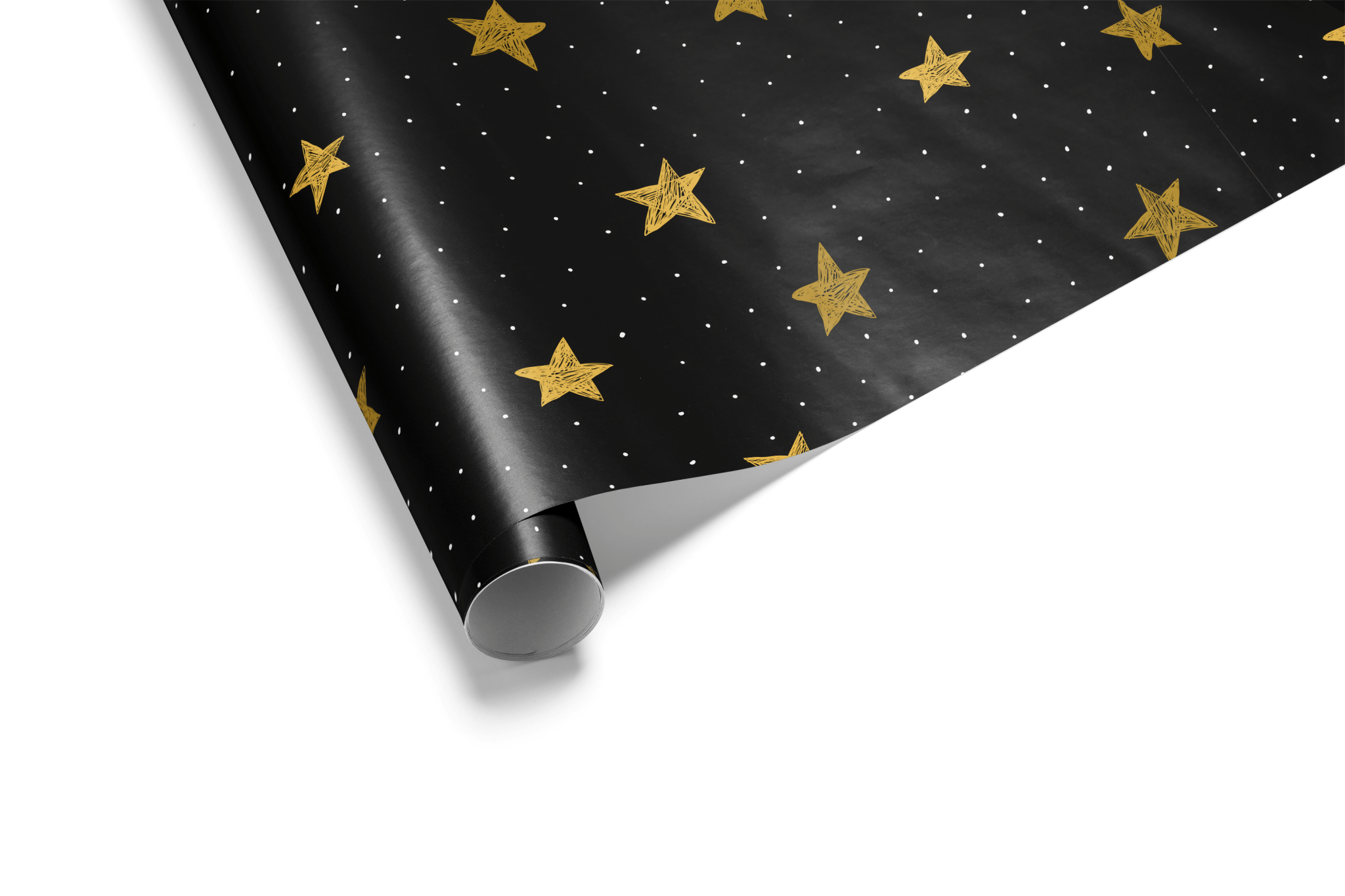 Solid black wrapping paper with a scattered pattern of hand-drawn, metallic gold stars and small white dots, ideal for black and gold luxury gift wrap.